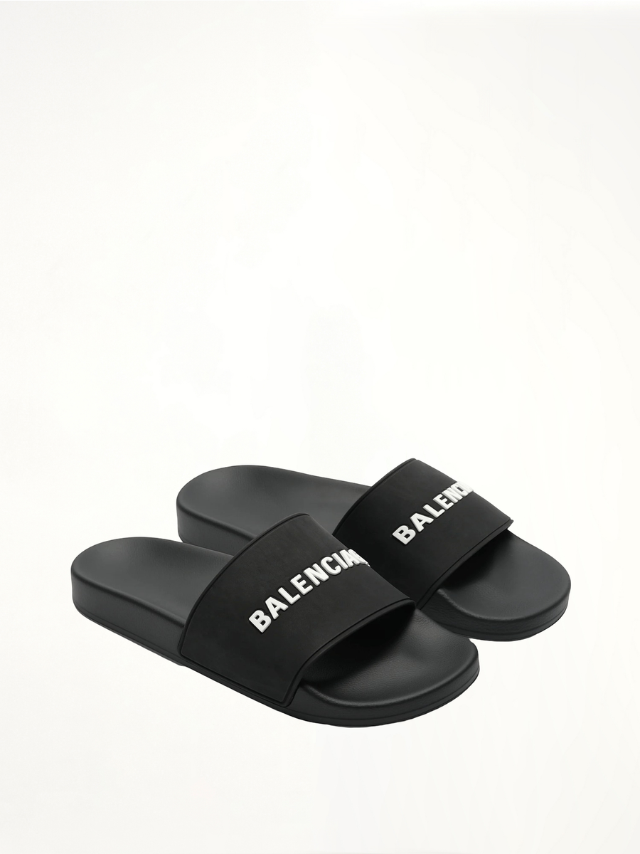 3D Logo Pool Slide Sandal in Black/White Front View | BALENCIAGA