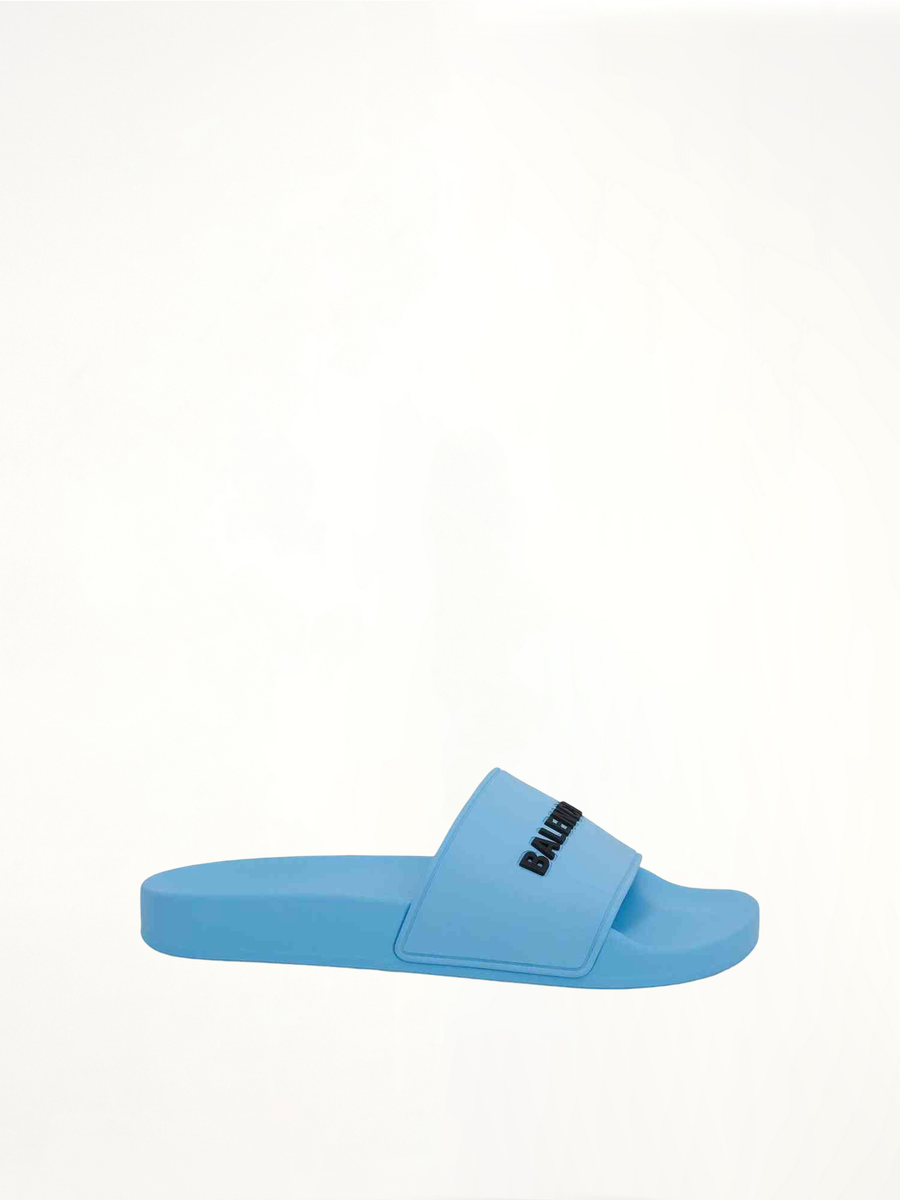 3D Logo Pool Slide Sandal in Sky Blue/Black Side View | BALENCIAGA