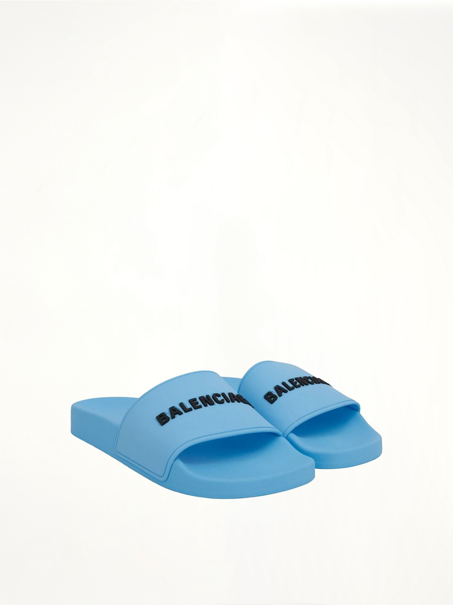 3D Logo Pool Slide Sandal in Sky Blue/Black Front View | BALENCIAGA