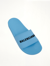 3D Logo Pool Slide Sandal in Sky Blue/Black Top View | BALENCIAGA