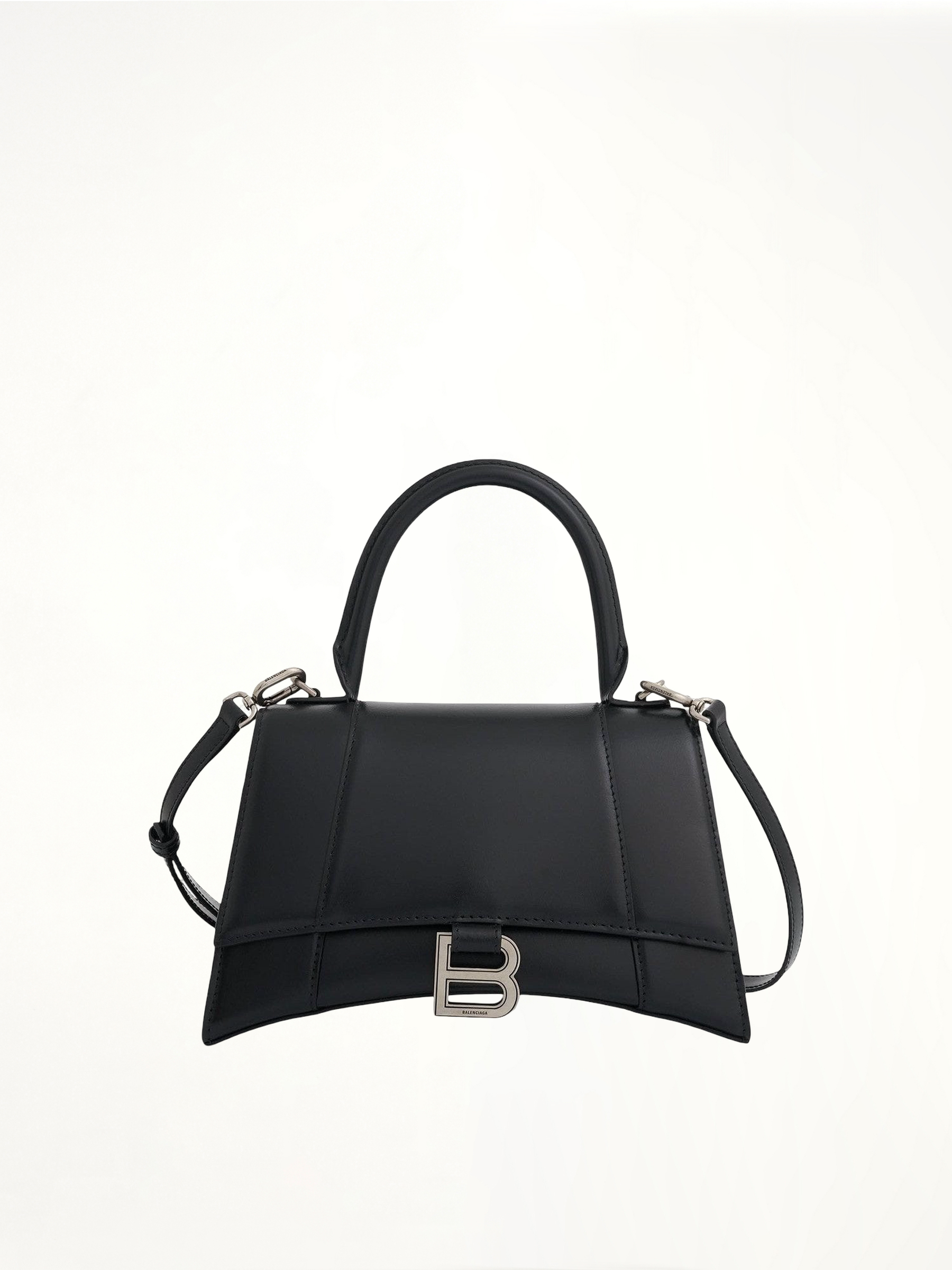 Hourglass Small Handbag in Box Calfskin in Black with Silver Plaque