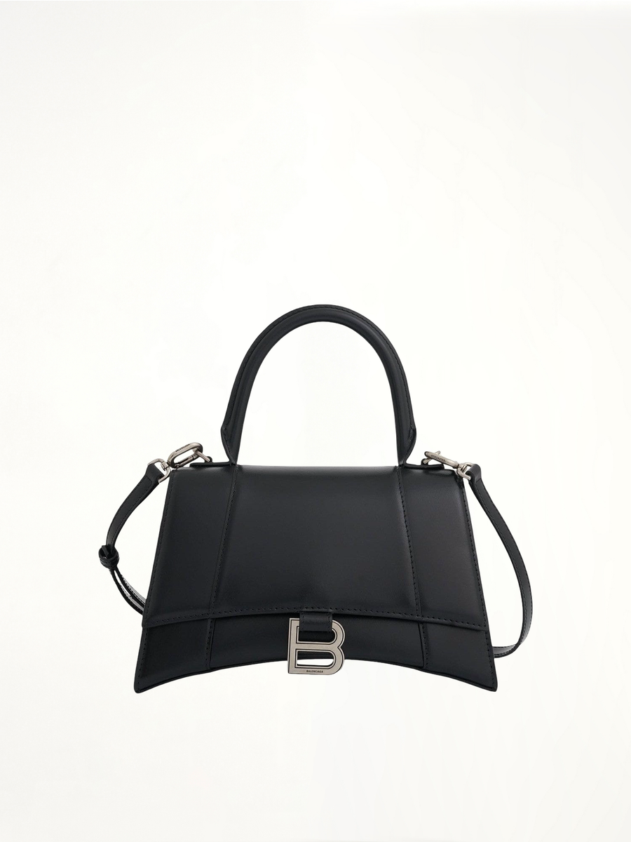 Hourglass Small Handbag in Box Calfskin in Black with Silver Plaque