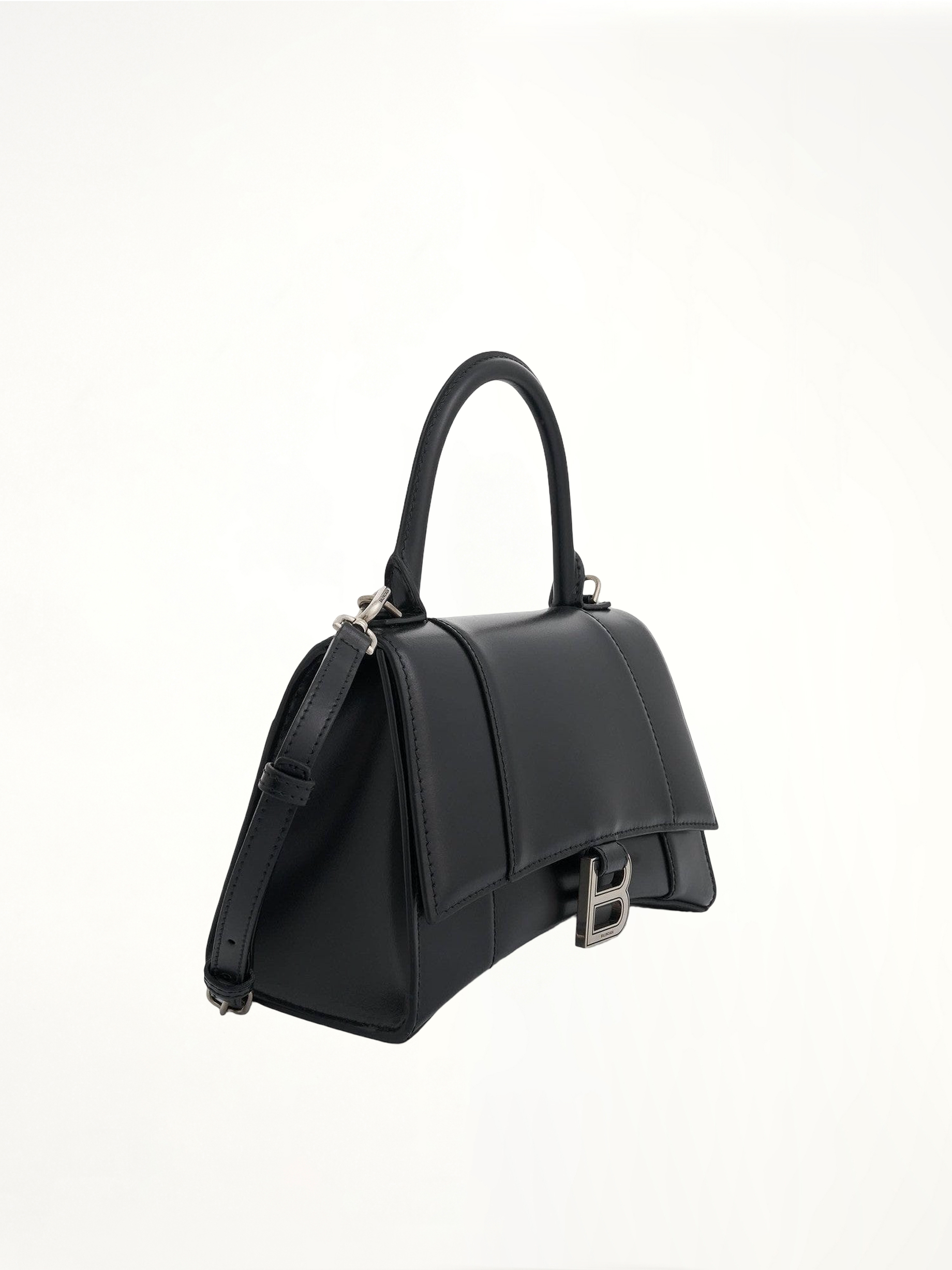 Hourglass Small Handbag in Box Calfskin in Black with Silver Plaque