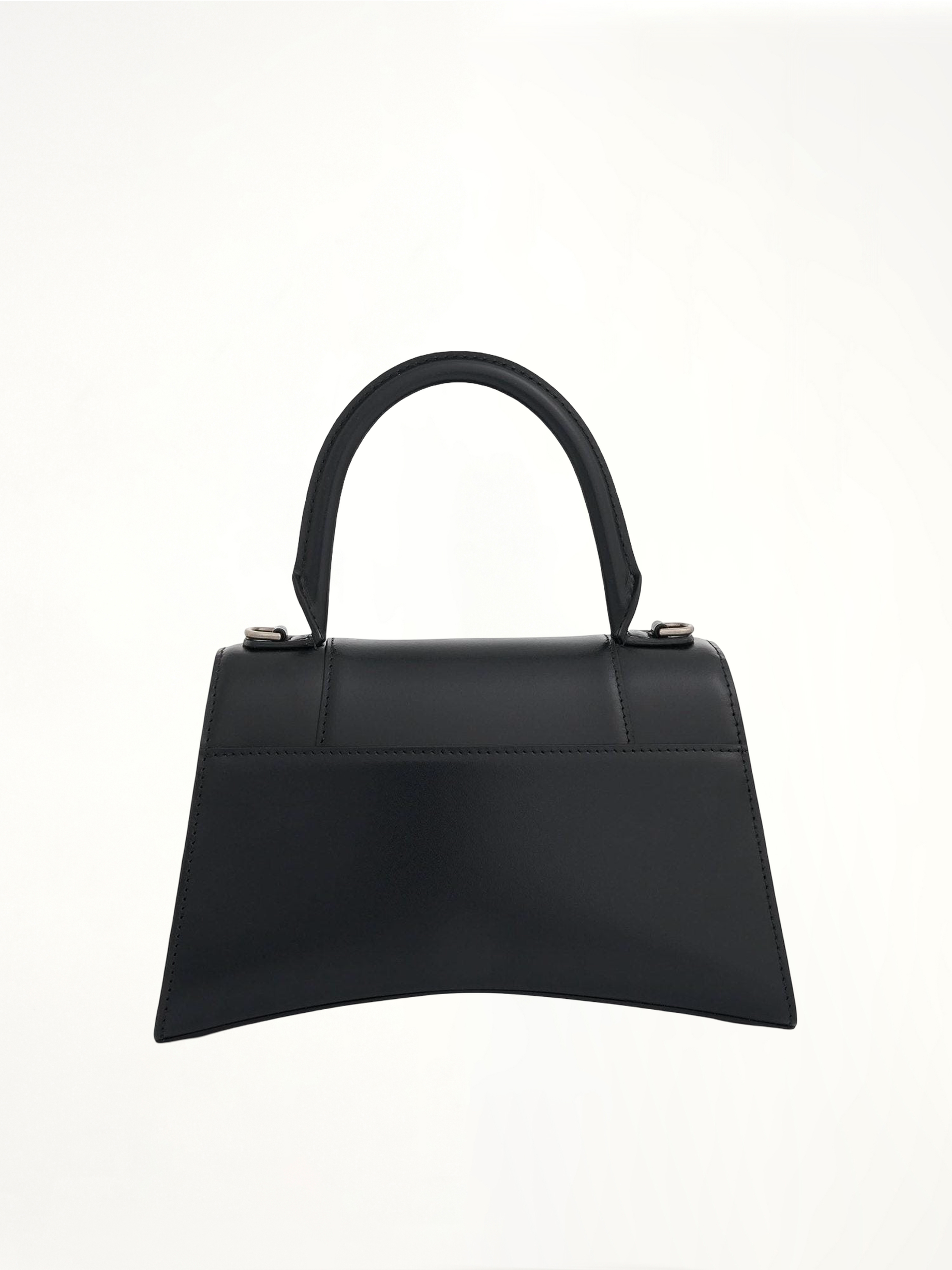Hourglass Small Handbag in Box Calfskin in Black with Silver Plaque
