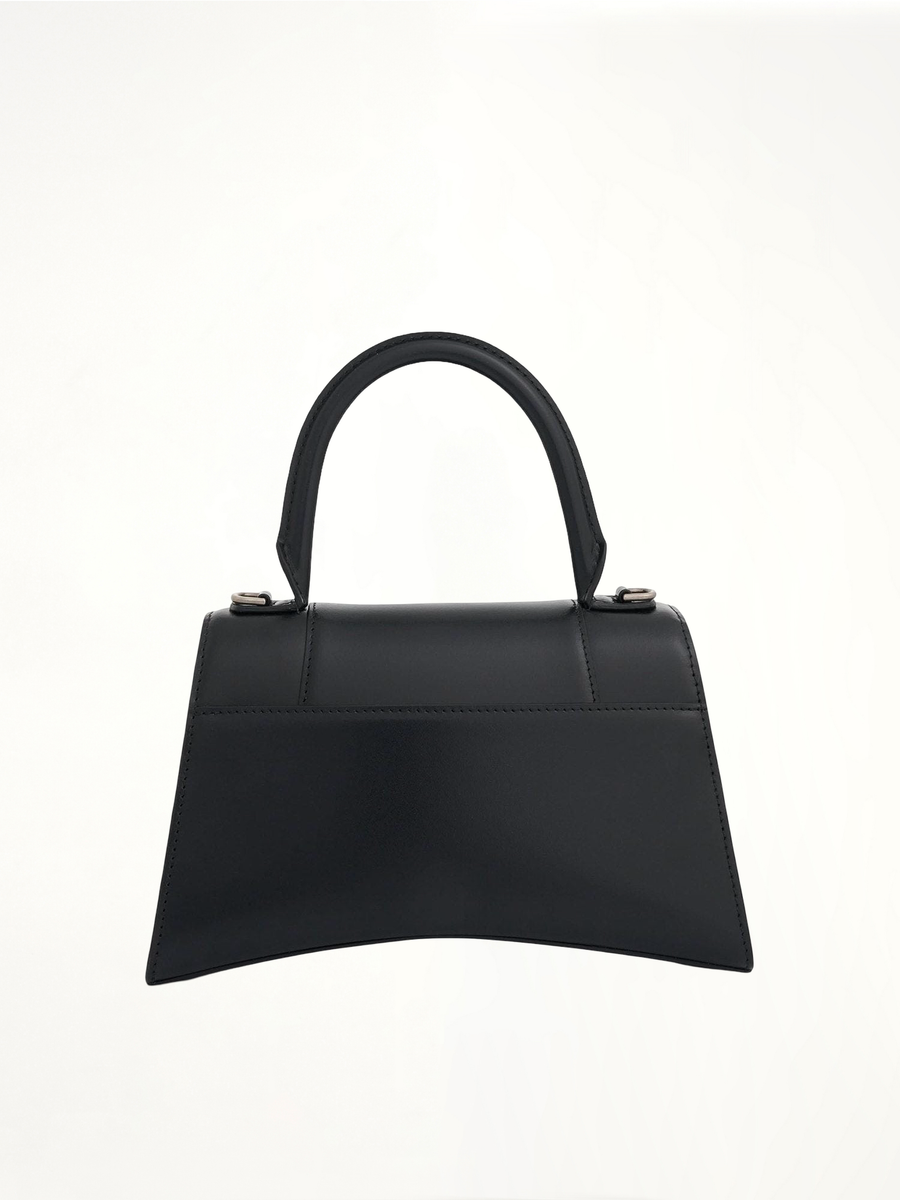 Hourglass Small Handbag in Box Calfskin in Black with Silver Plaque