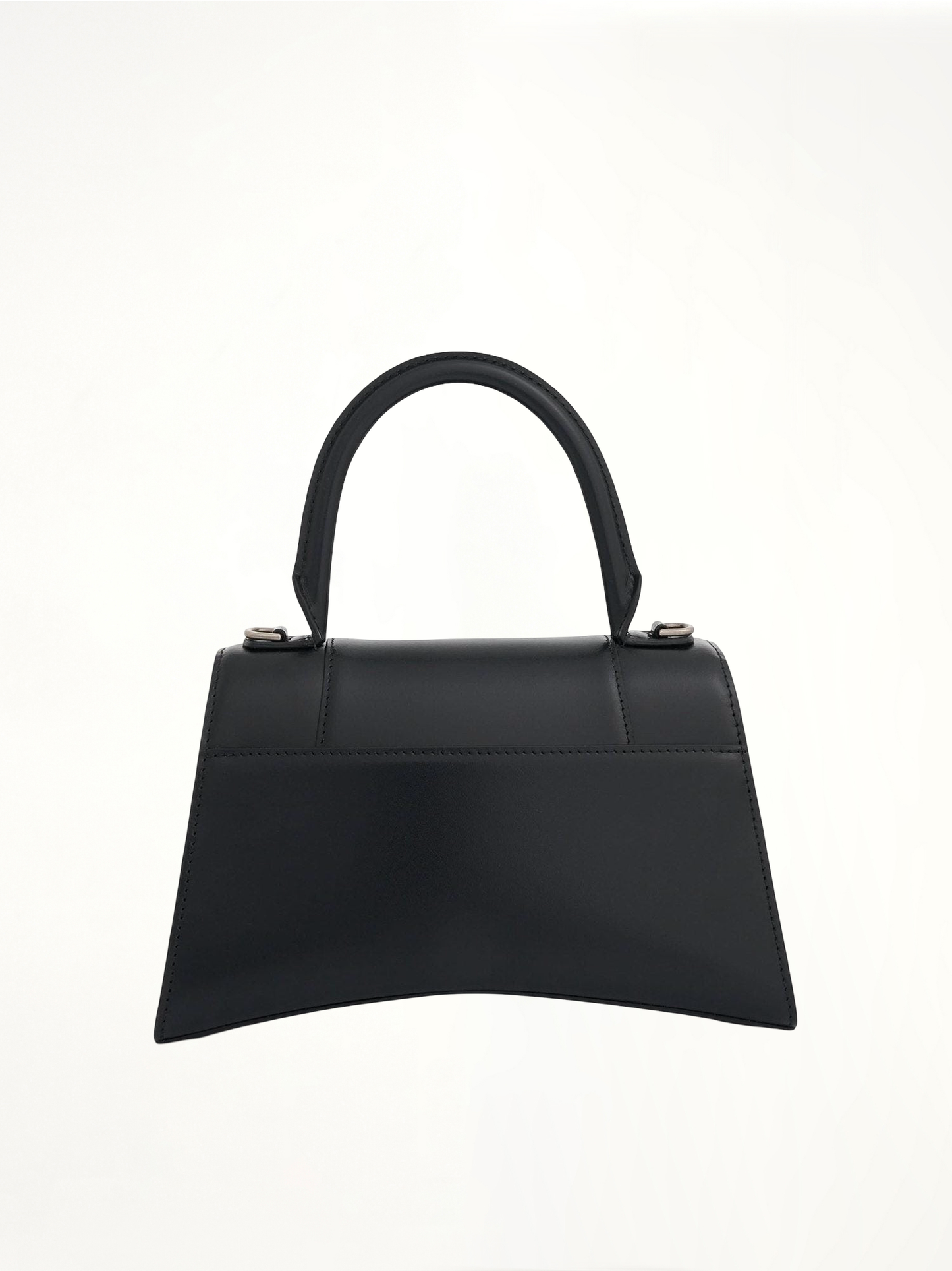 Hourglass Small Handbag in Box Calfskin in Black with Silver Plaque