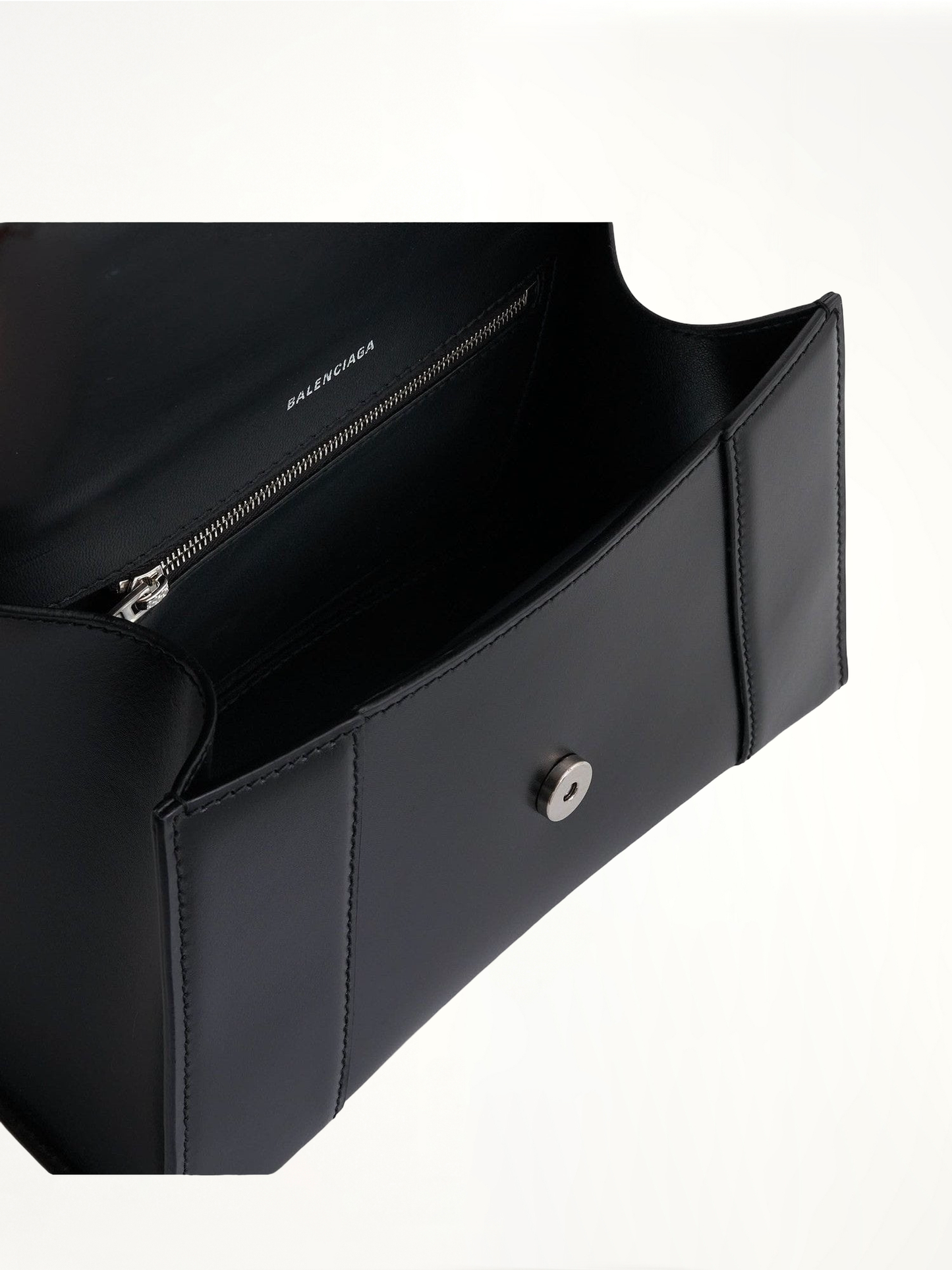 Hourglass Small Handbag in Box Calfskin in Black with Silver Plaque