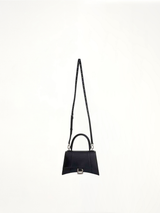 Hourglass Small Handbag in Box Calfskin in Black with Silver Plaque
