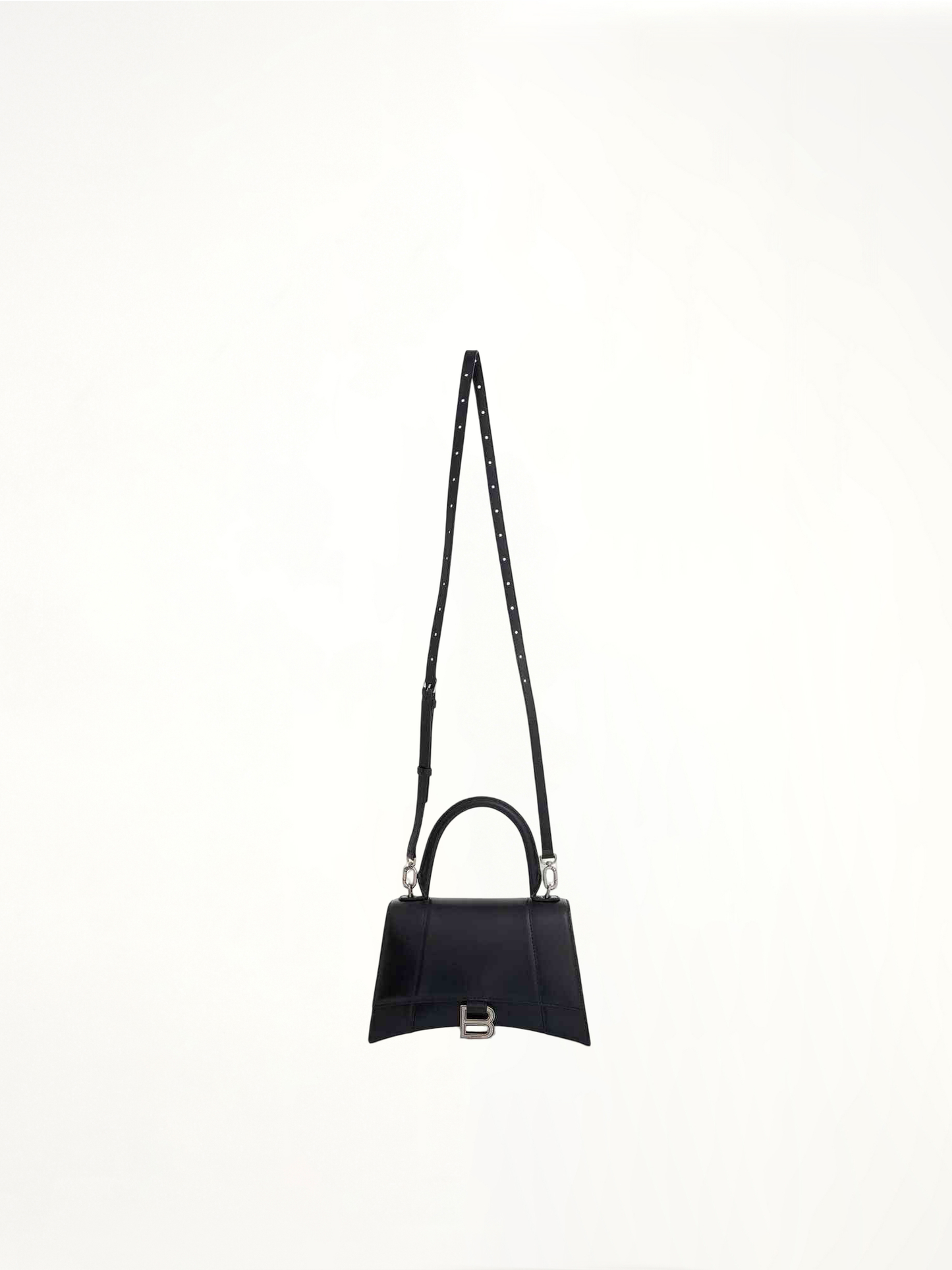 Hourglass Small Handbag in Box Calfskin in Black with Silver Plaque