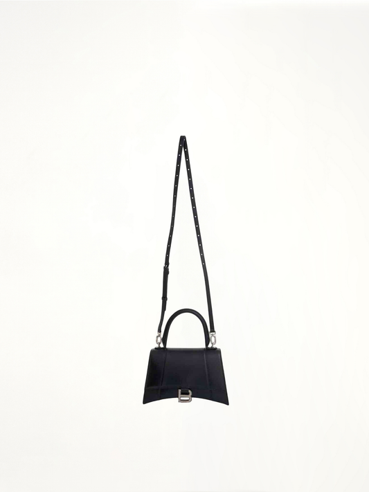 Hourglass Small Handbag in Box Calfskin in Black with Silver Plaque