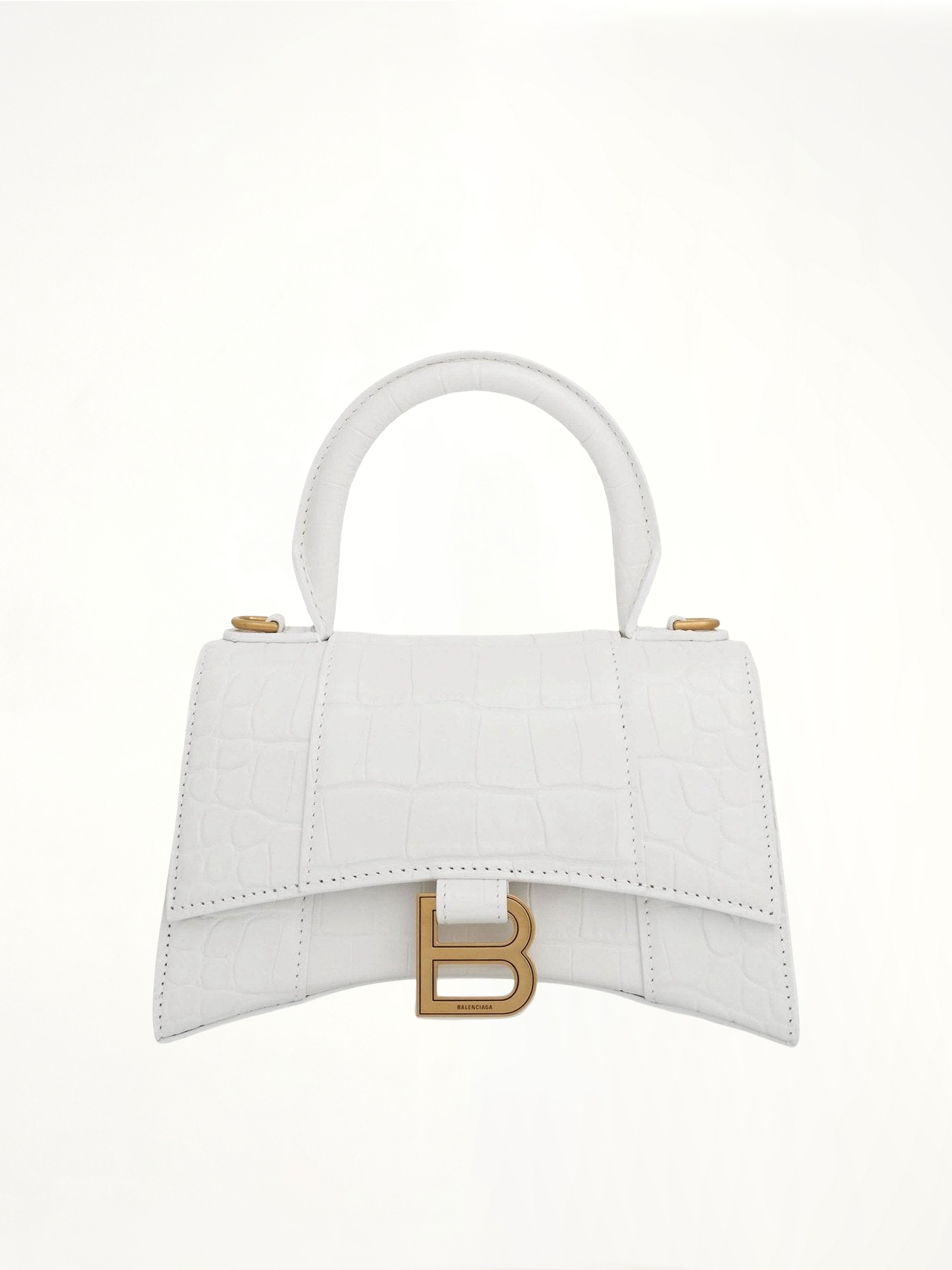 Hourglass XS Croco Embossed Bag in White with Gold Plague