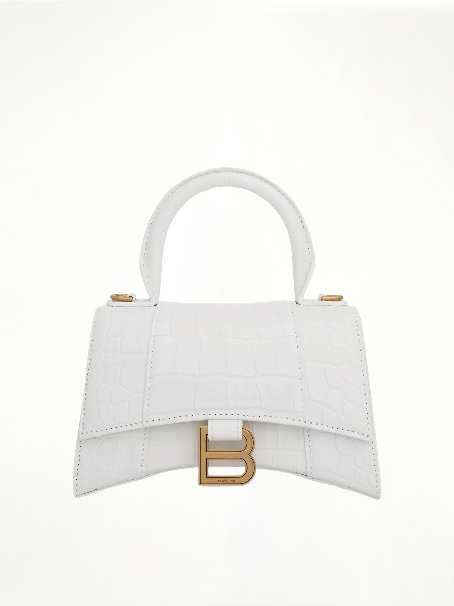 Hourglass XS Croco Embossed Bag in White with Gold Plague