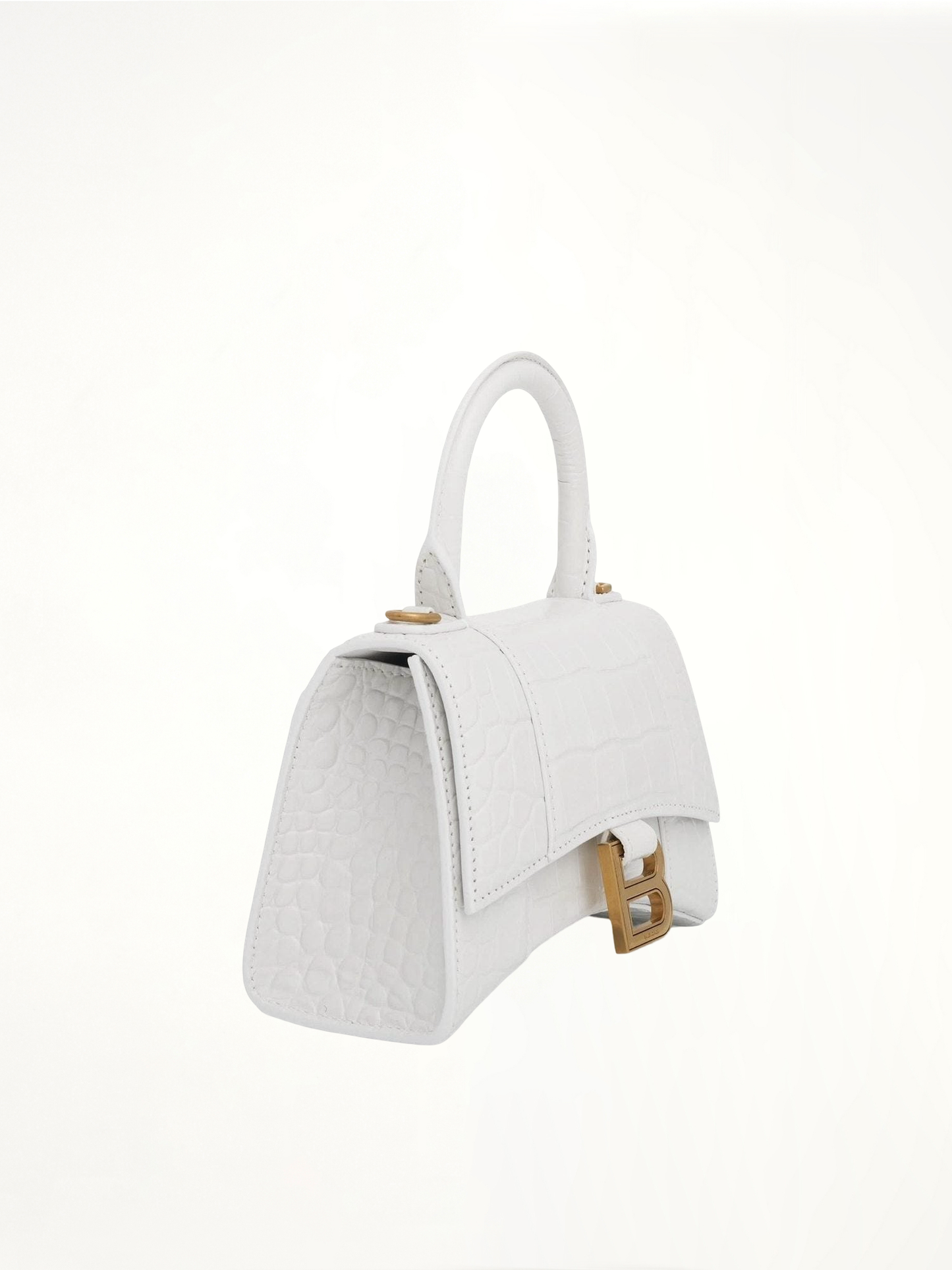 Hourglass XS Croco Embossed Bag in White with Gold Plague