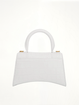 Hourglass XS Croco Embossed Bag in White with Gold Plague