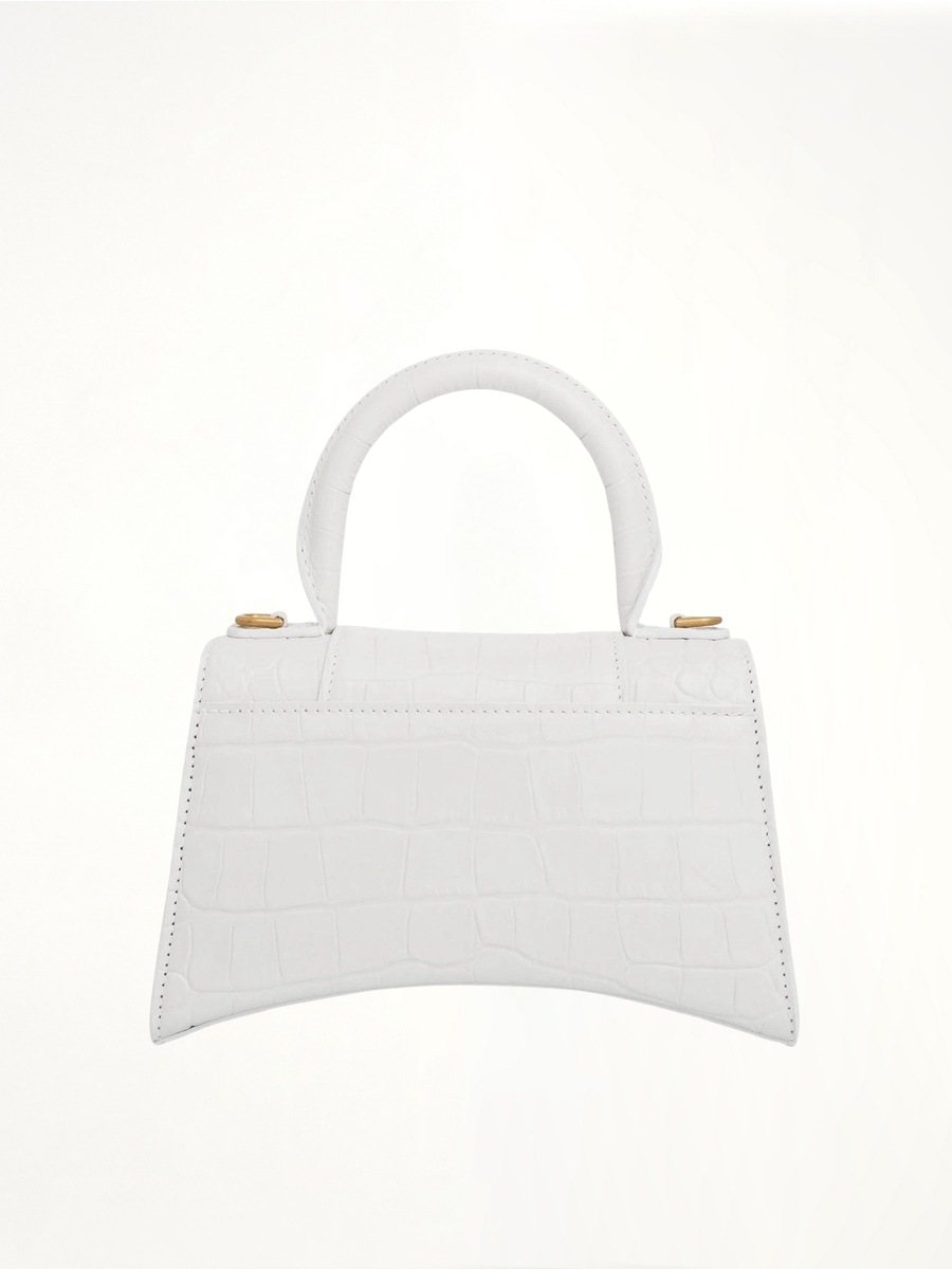 Hourglass XS Croco Embossed Bag in White with Gold Plague