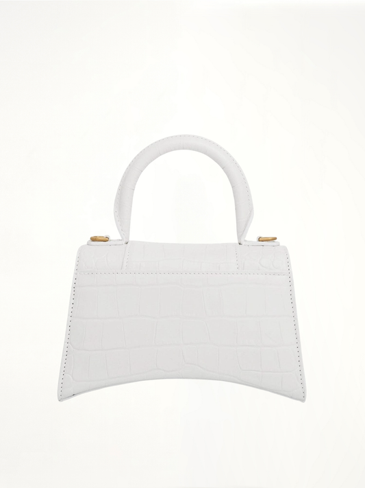 Hourglass XS Croco Embossed Bag in White with Gold Plague
