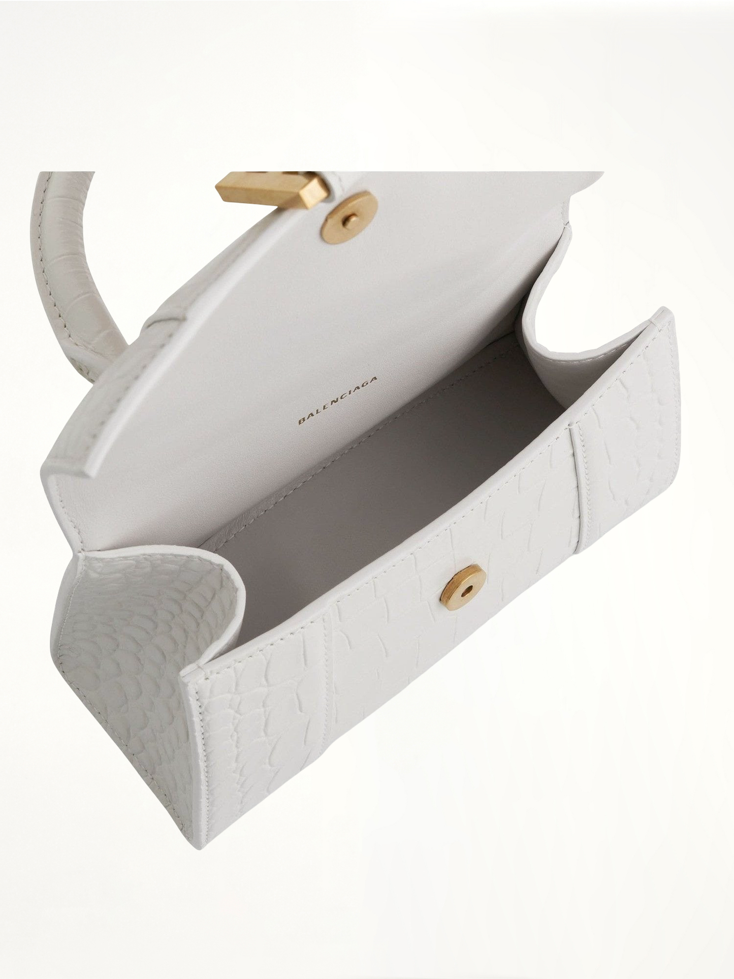 Hourglass XS Croco Embossed Bag in White with Gold Plague