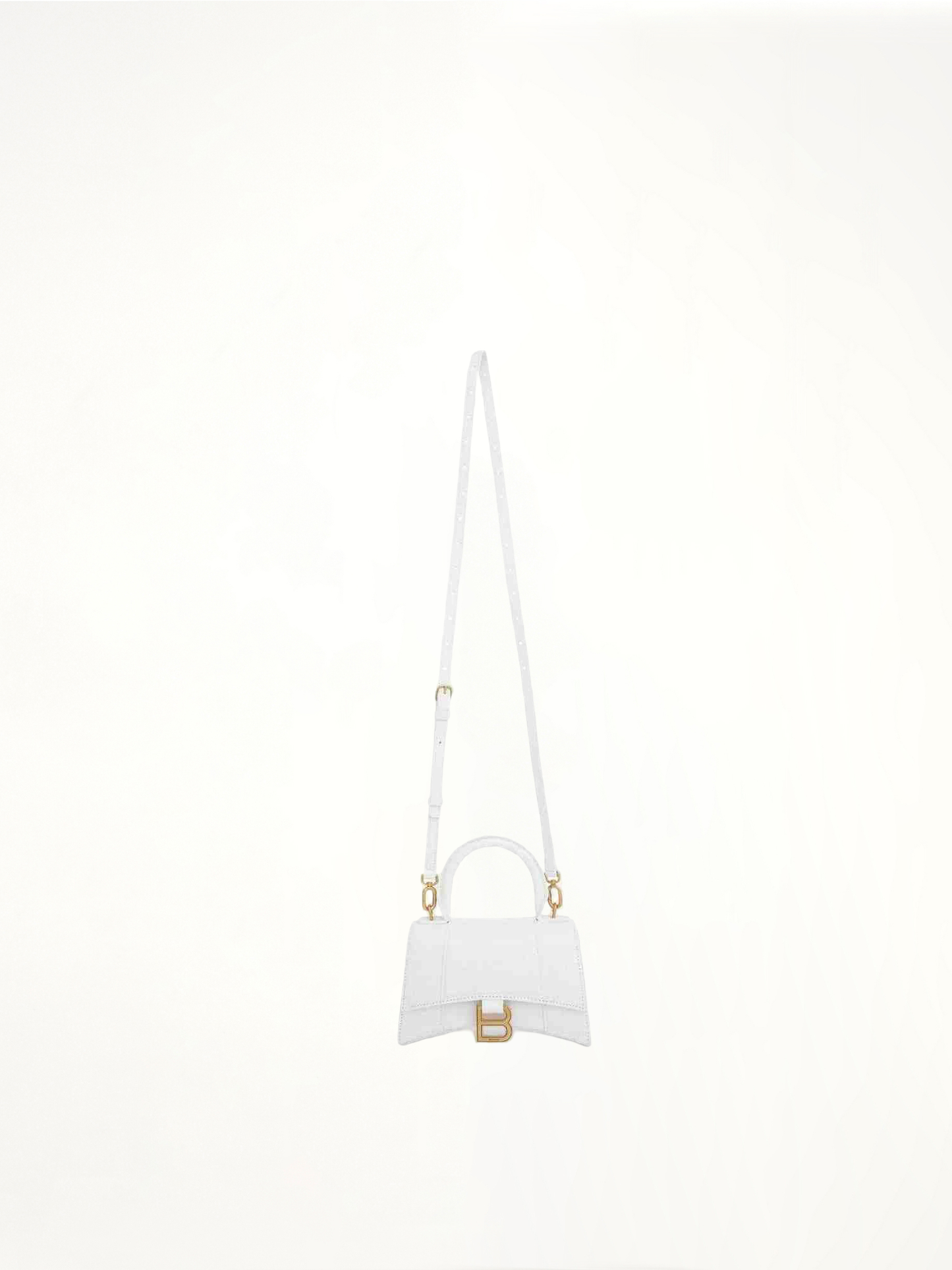 Hourglass XS Croco Embossed Bag in White with Gold Plague