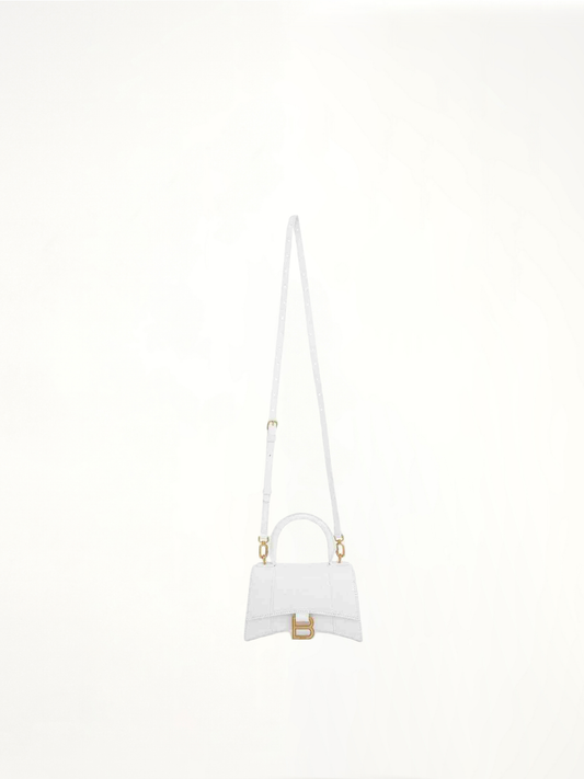 Hourglass XS Croco Embossed Bag in White with Gold Plague