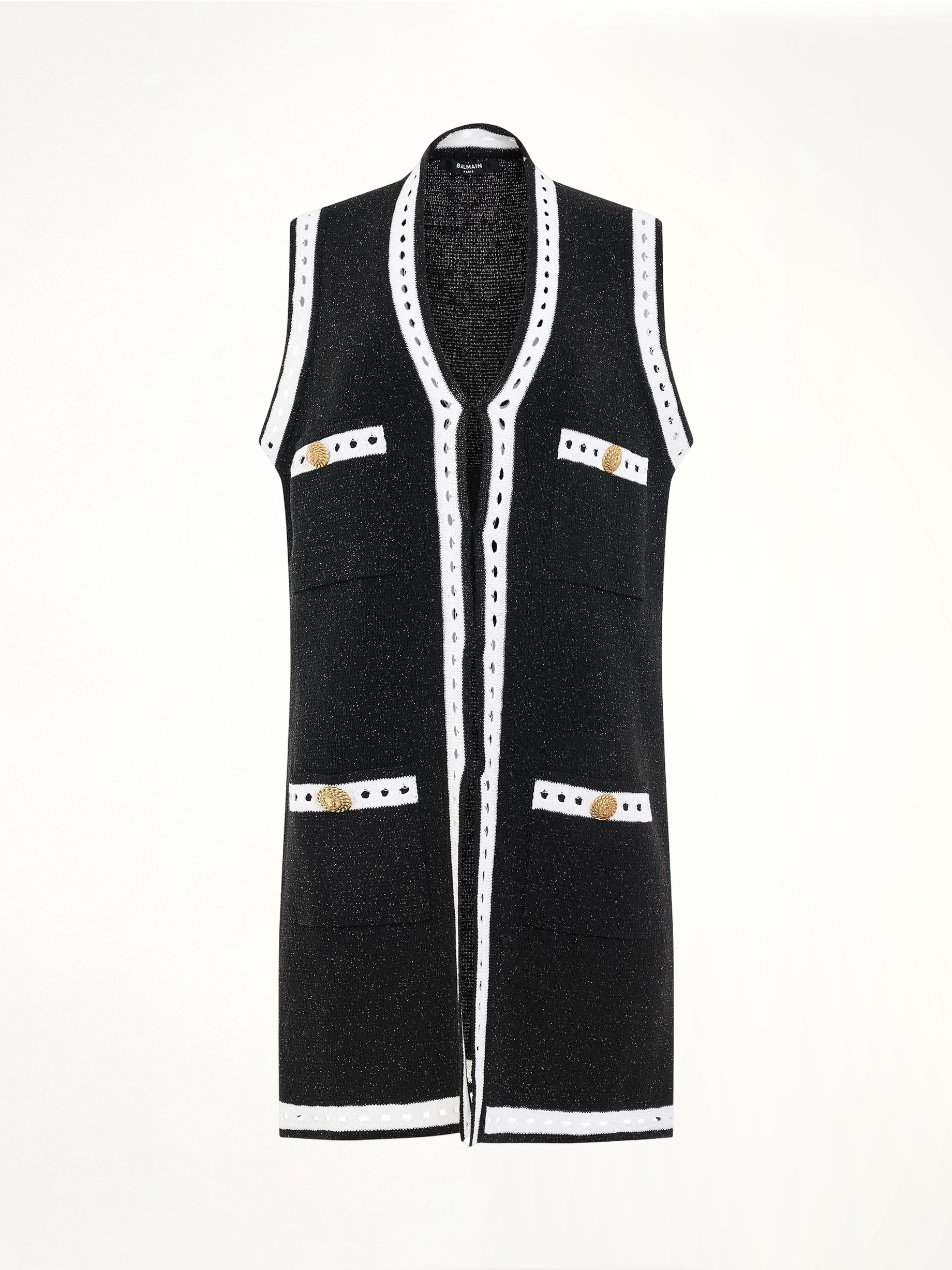 Sleeveless Lace Knit Long Cardigan in Black