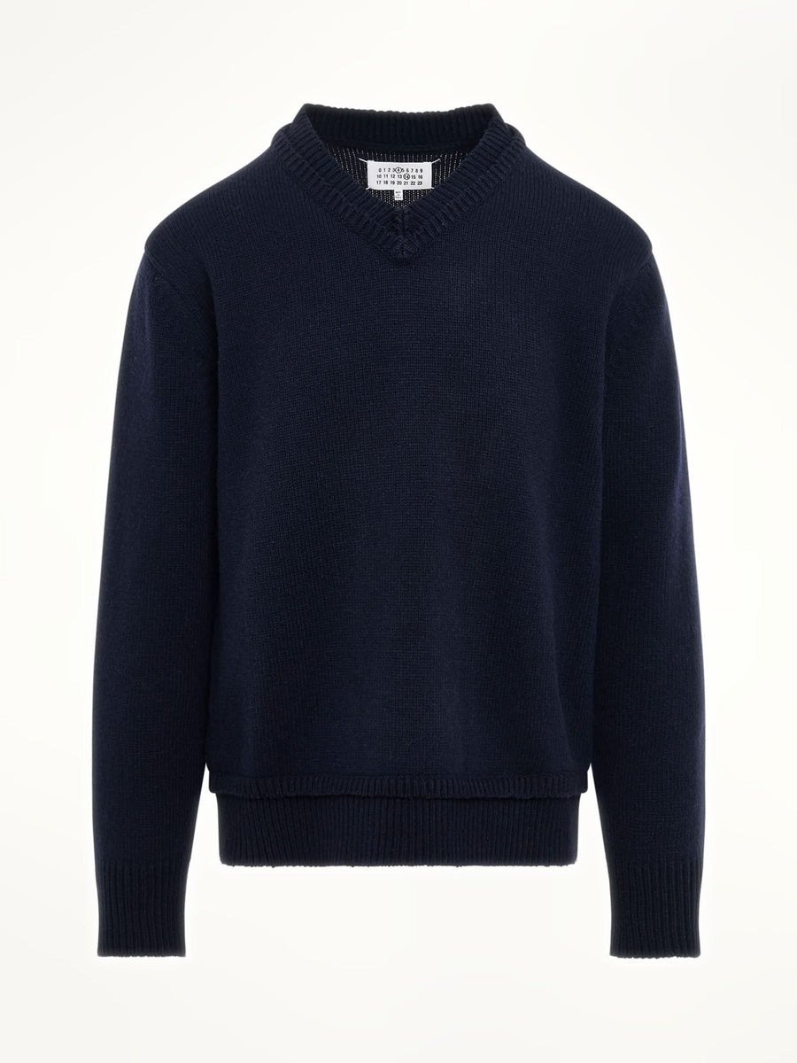 Maison Margiela Elbow Patch V-Neck Knit Sweater in Navy