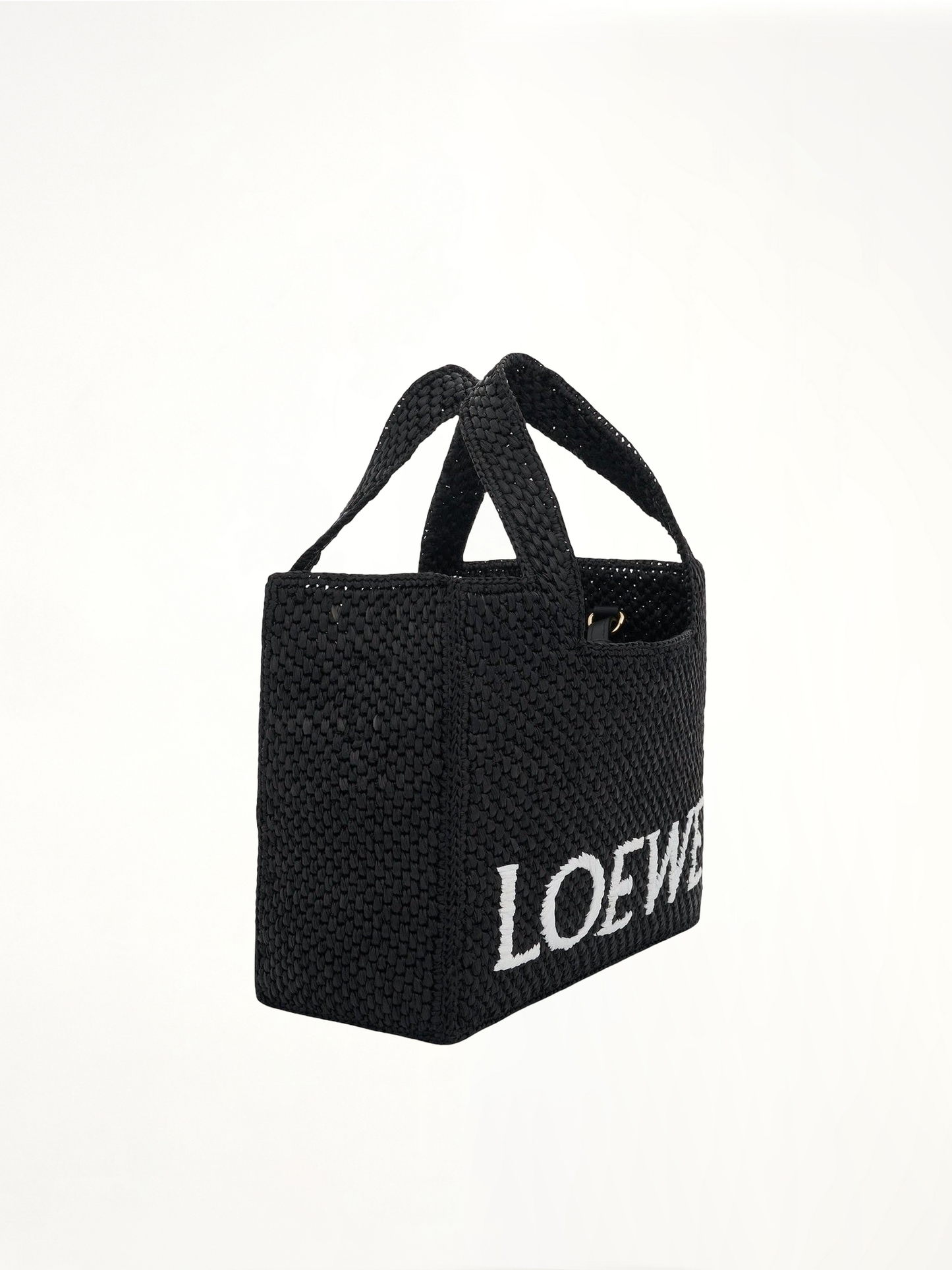 Small Logo Font Tote Bag in Raffia and Calfskin in Black