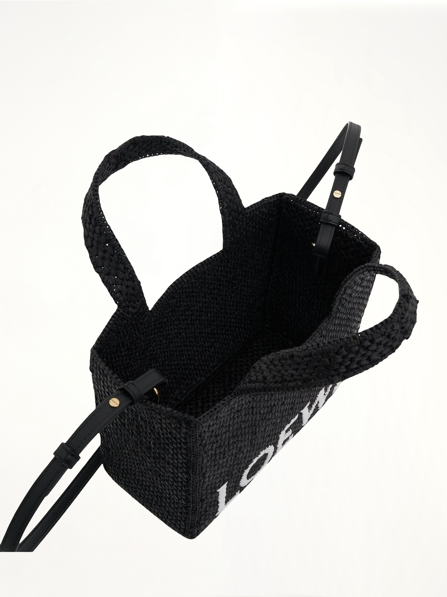 Small Logo Font Tote Bag in Raffia and Calfskin in Black