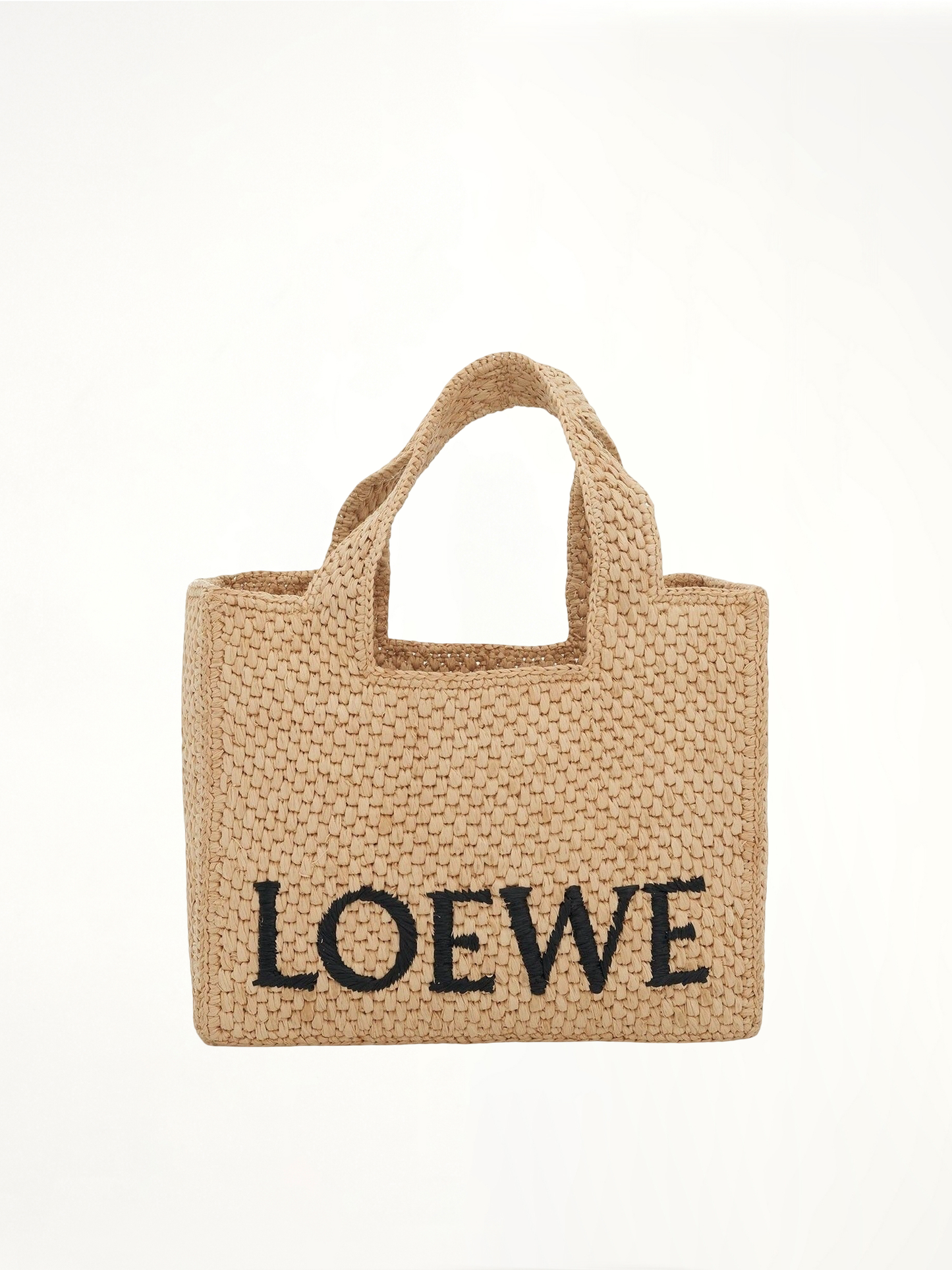 Small Logo Font Tote Bag in Raffia and Calfskin in Natural
