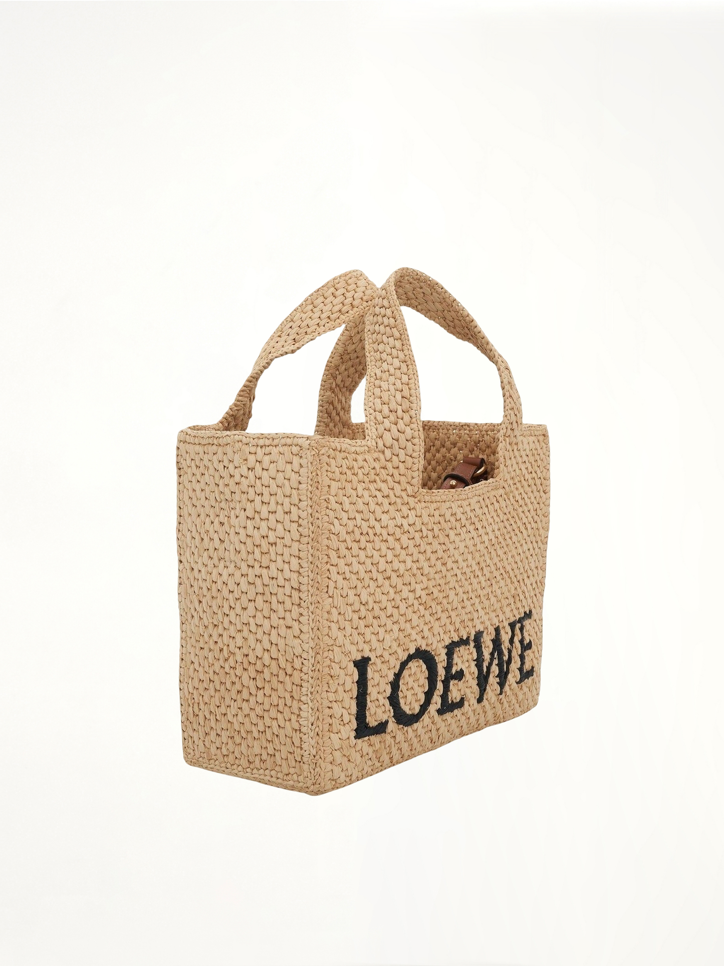 Small Logo Font Tote Bag in Raffia and Calfskin in Natural