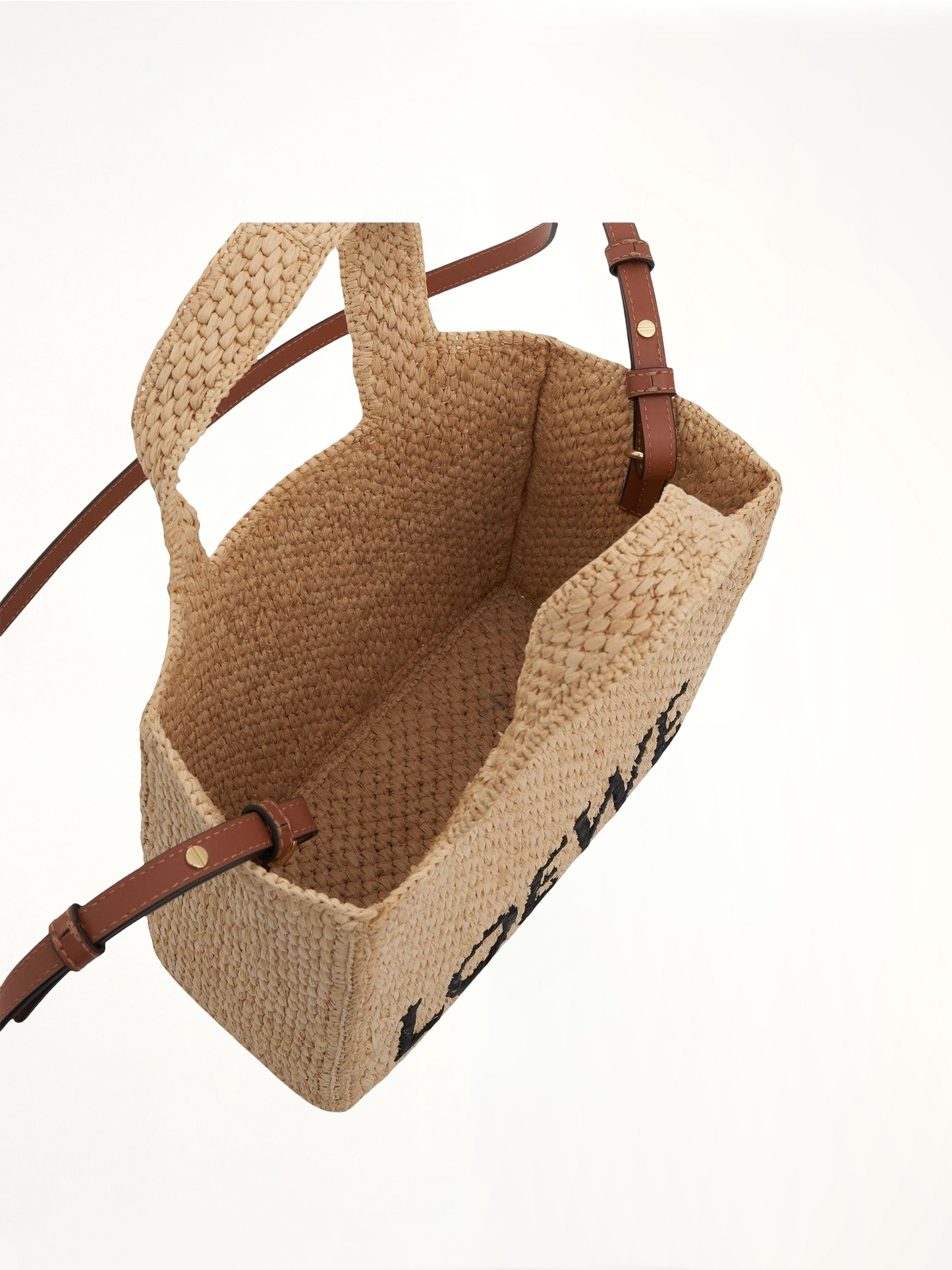 Small Logo Font Tote Bag in Raffia and Calfskin in Natural