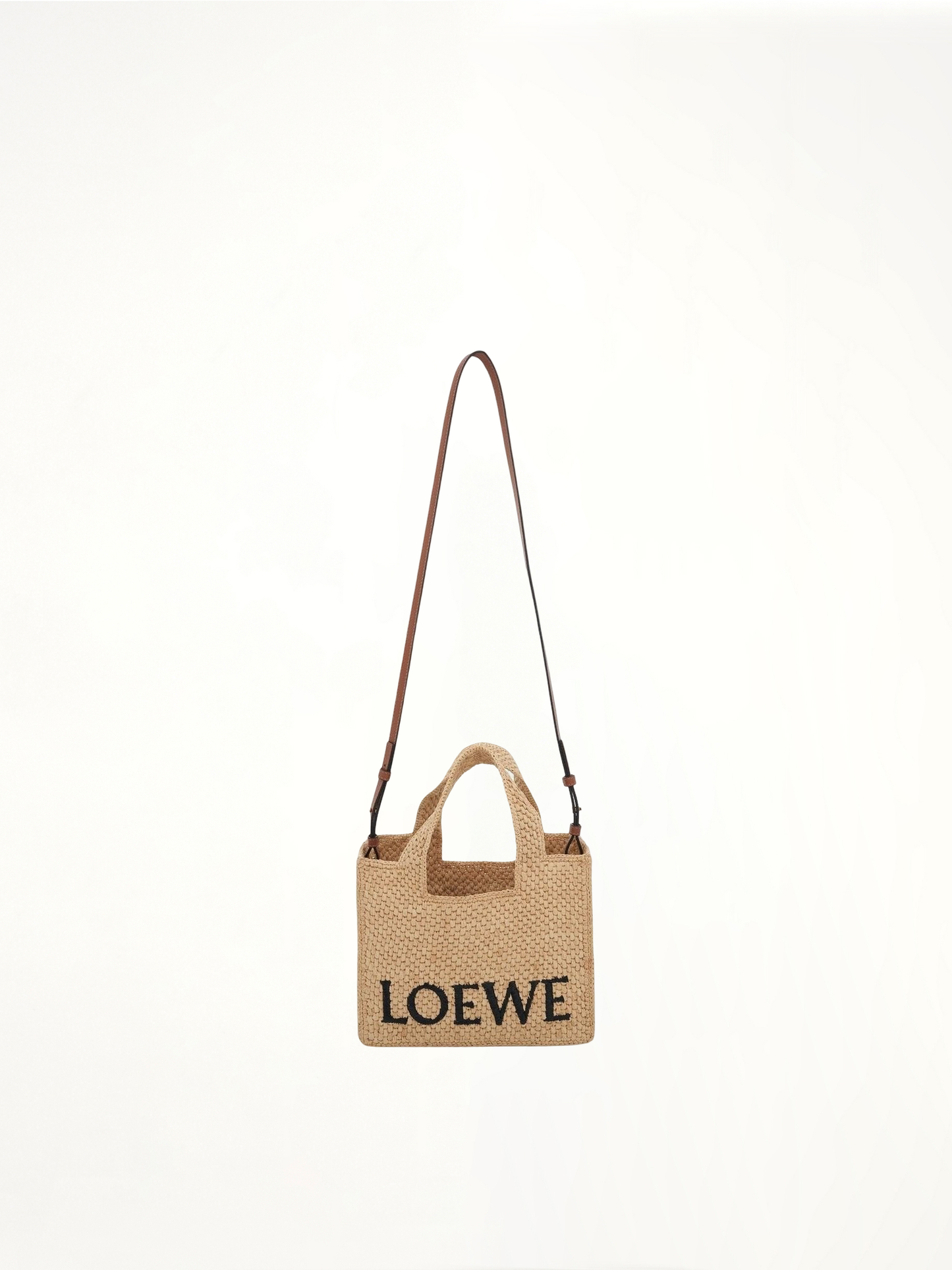 Small Logo Font Tote Bag in Raffia and Calfskin in Natural