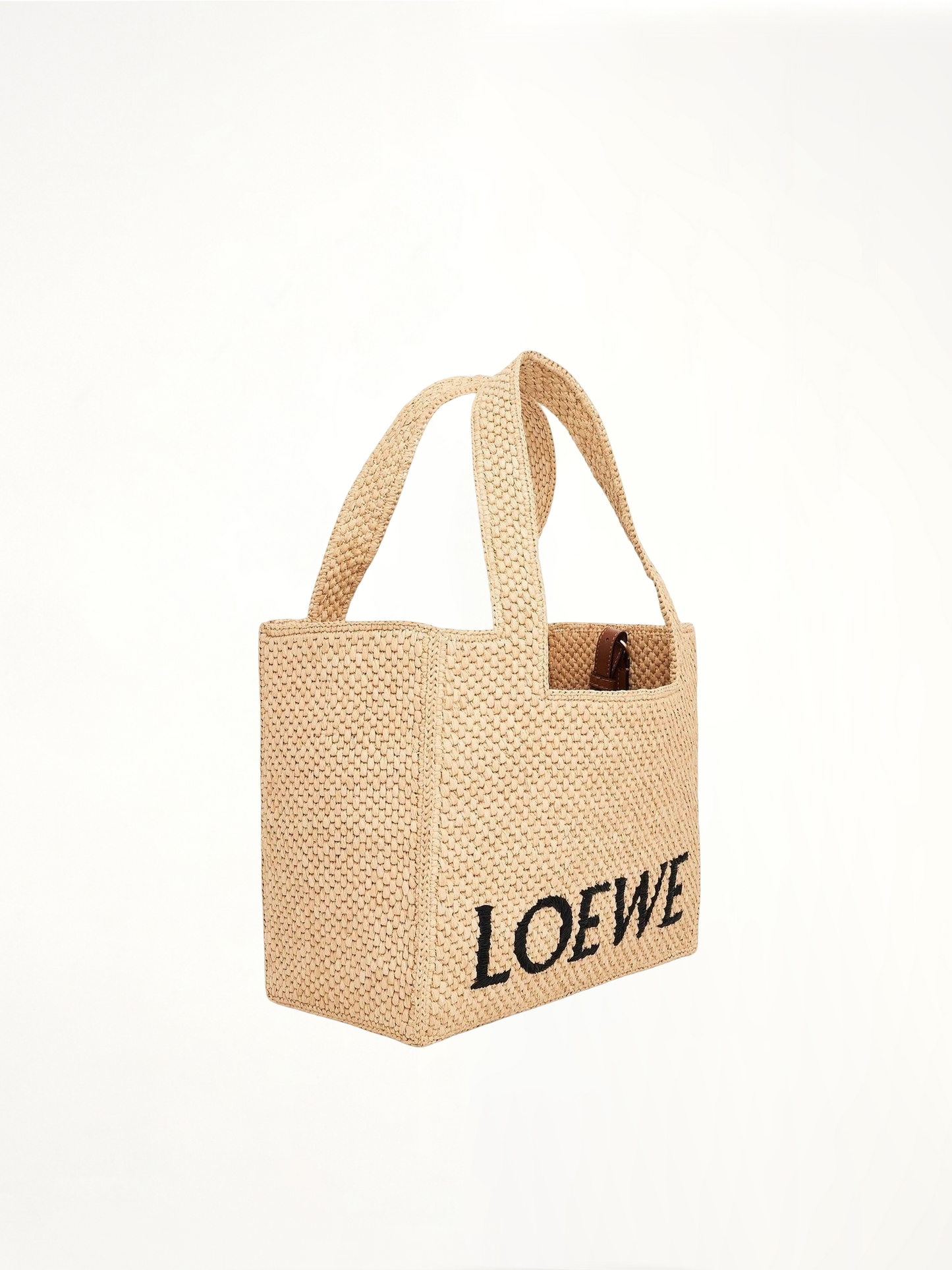 Medium Logo Font Tote Bag in Raffia and Calfskin in Natural