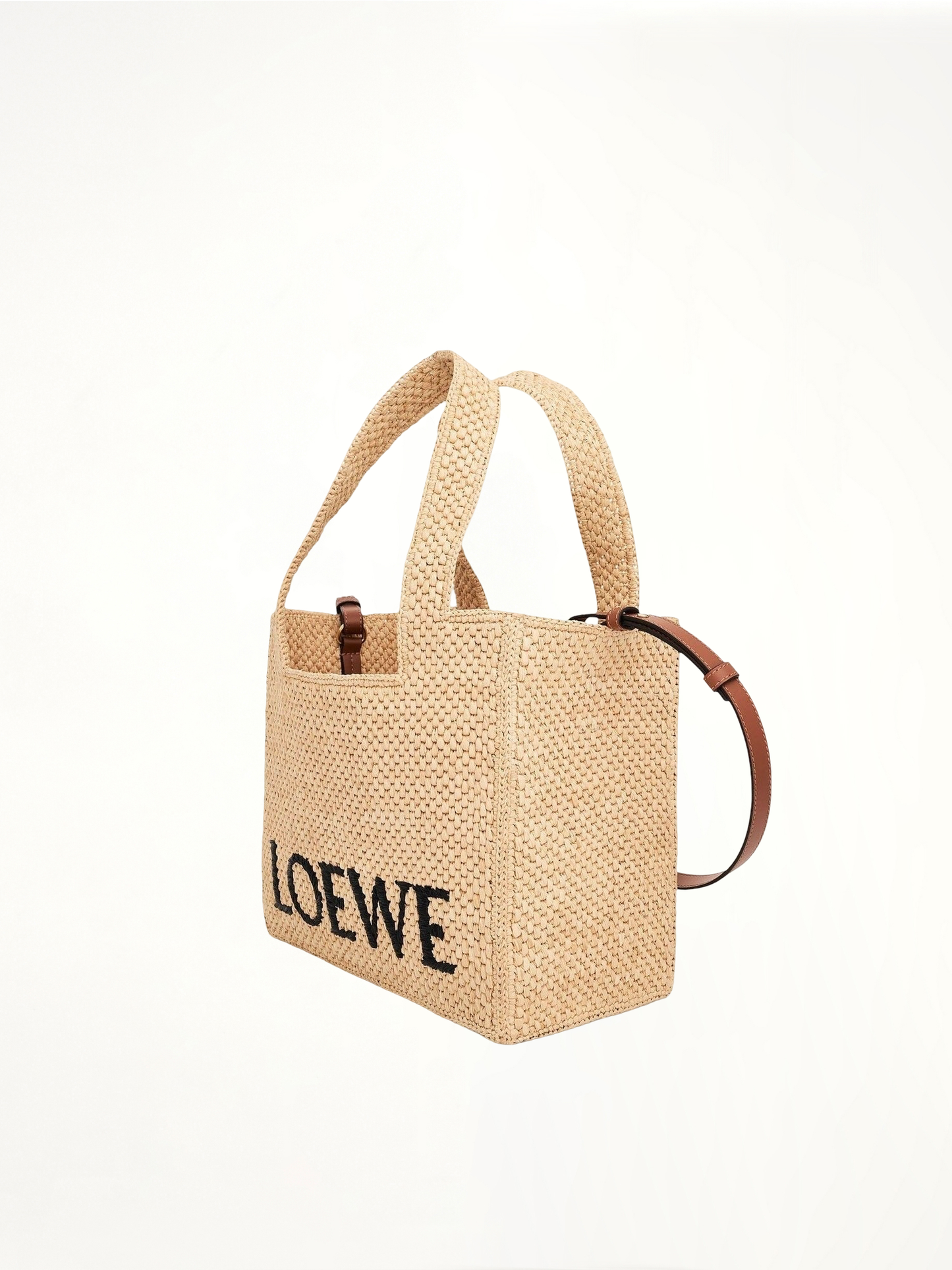 Medium Logo Font Tote Bag in Raffia and Calfskin in Natural