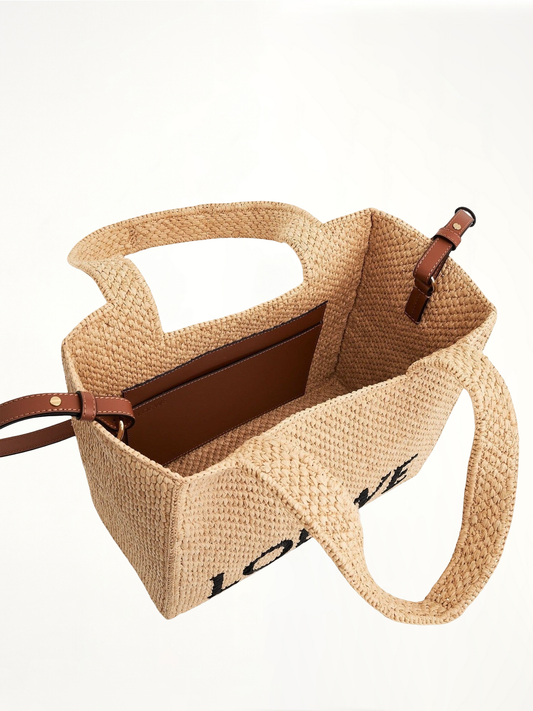 Medium Logo Font Tote Bag in Raffia and Calfskin in Natural