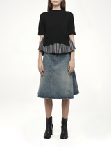 Poplin x Knit Pullover in Black/Dark Navy Stripe