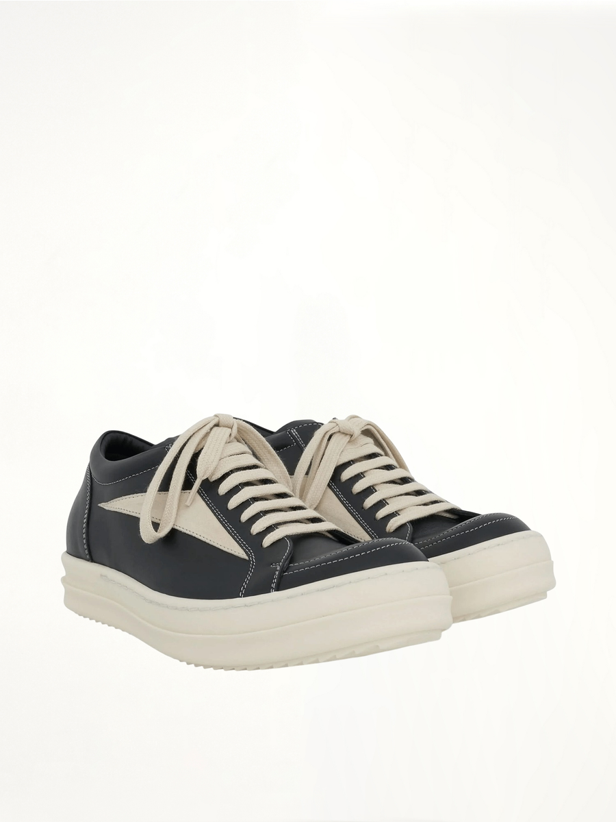 Vintage Leather Sneaker in Black/Milk Front View | RICK OWENS