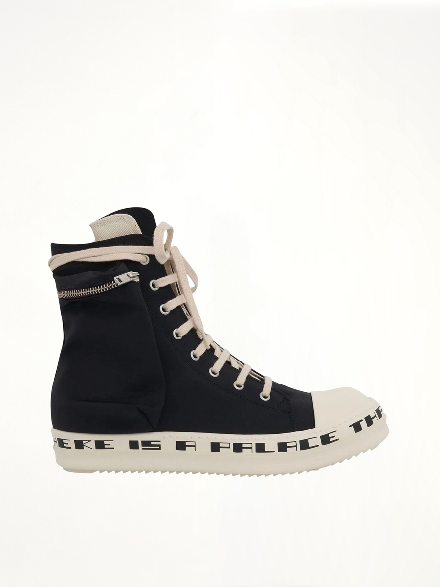 Cargo High Sneaker with Tears Bumper in Black/Milk Side View | RICK OWENS DRKSHDW