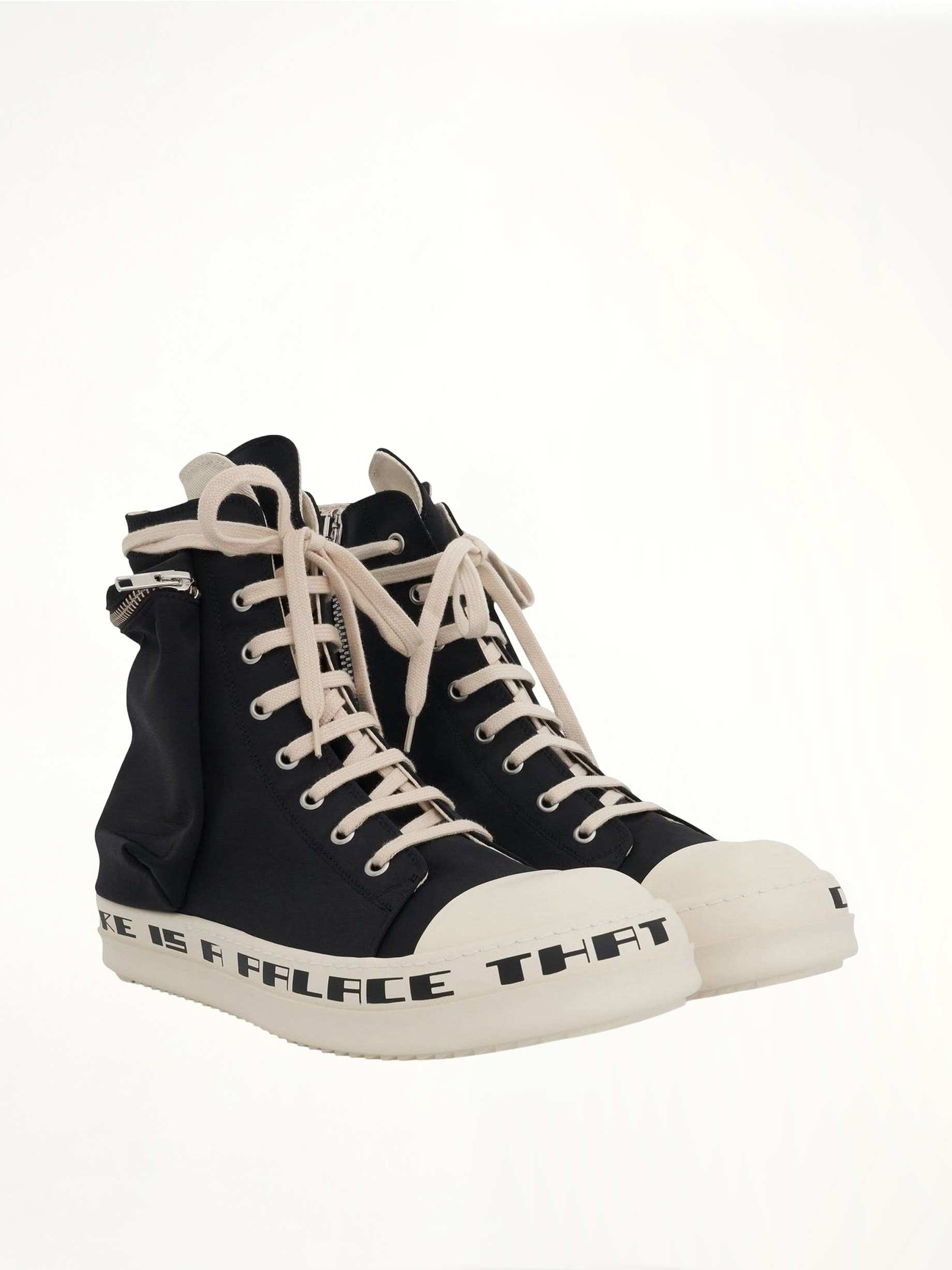 Cargo High Sneaker with Tears Bumper in Black/Milk Front View | RICK OWENS DRKSHDW