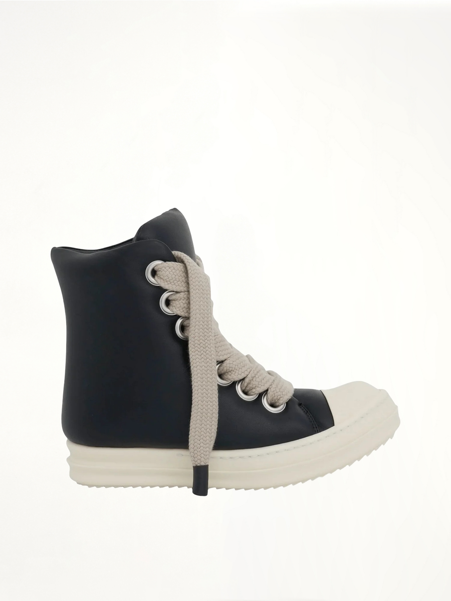 Jumbo Lace Padded Sneakers in Black & Milk Side View | RICK OWENS