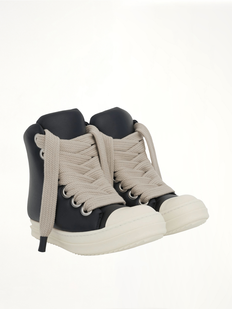 Jumbo Lace Padded Sneakers in Black & Milk Front View | RICK OWENS