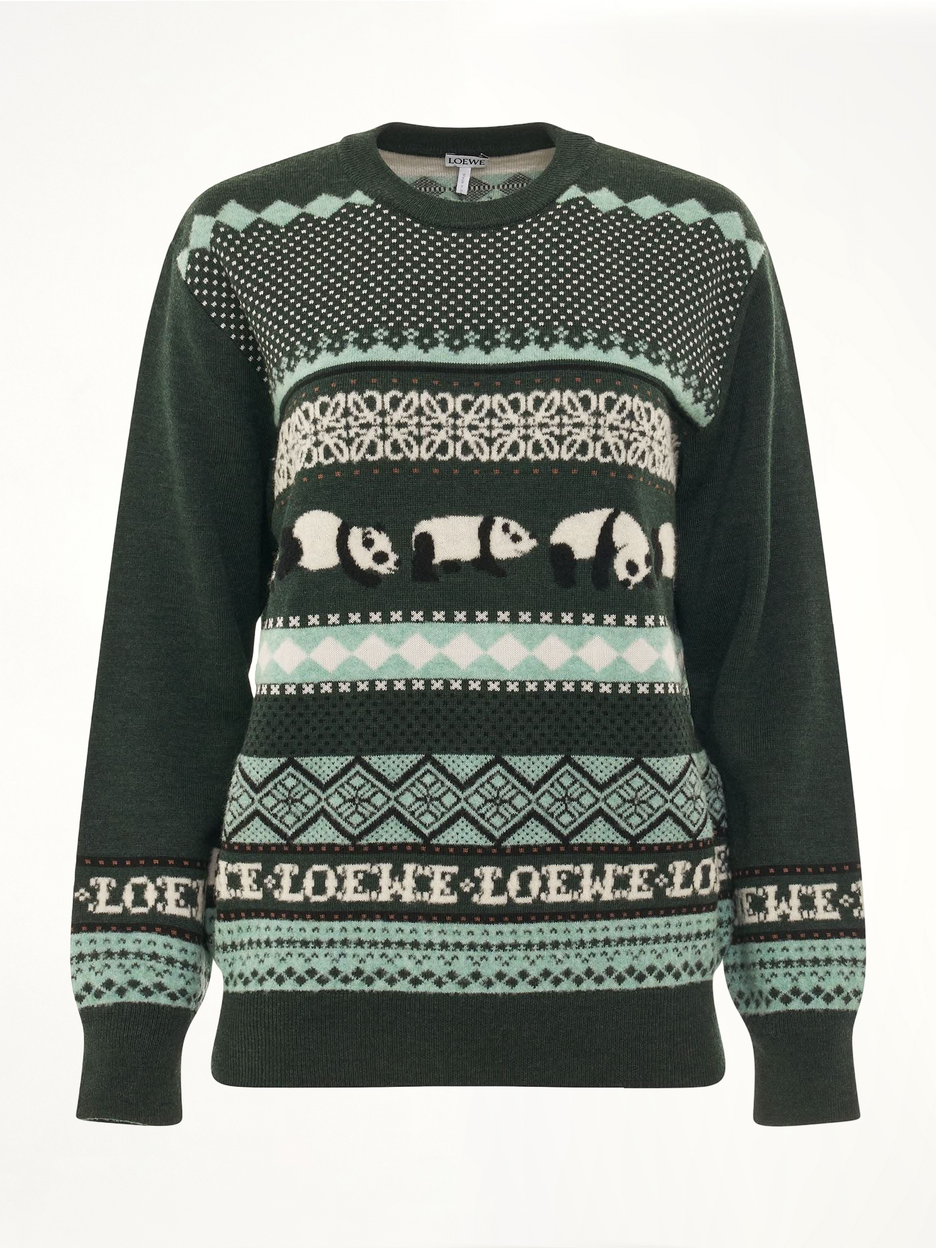 Suna Fujita Panda Knit Sweater in Dark Green/Multicolour