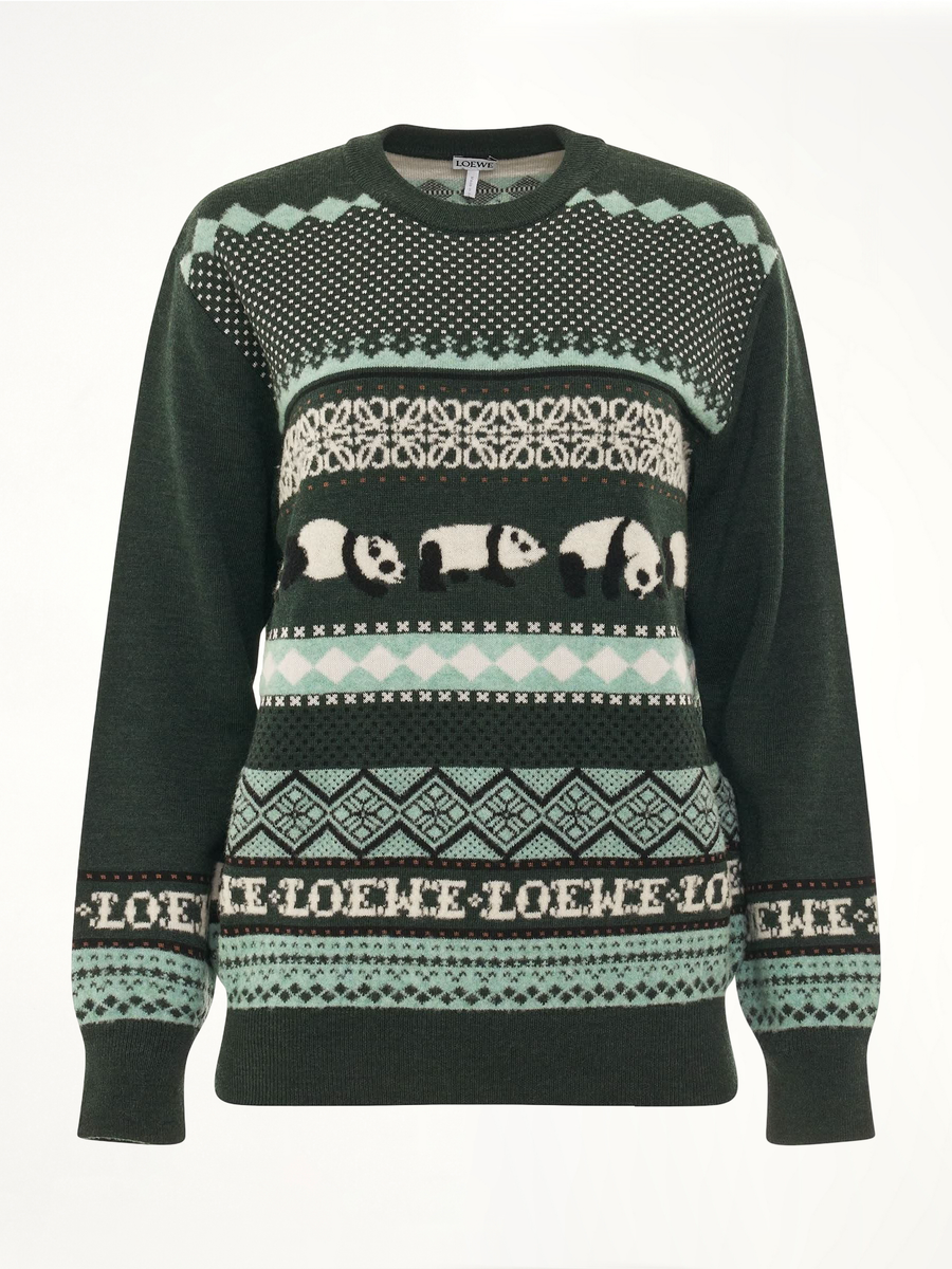 Suna Fujita Panda Knit Sweater in Dark Green/Multicolour