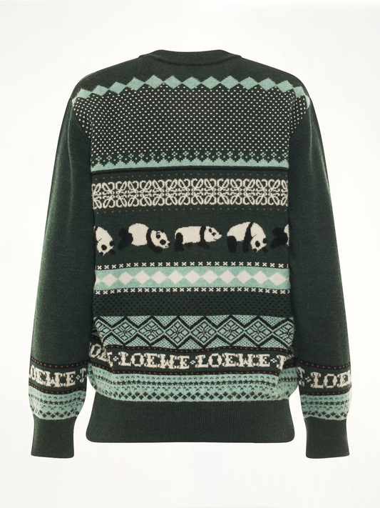 Suna Fujita Panda Knit Sweater in Dark Green/Multicolour