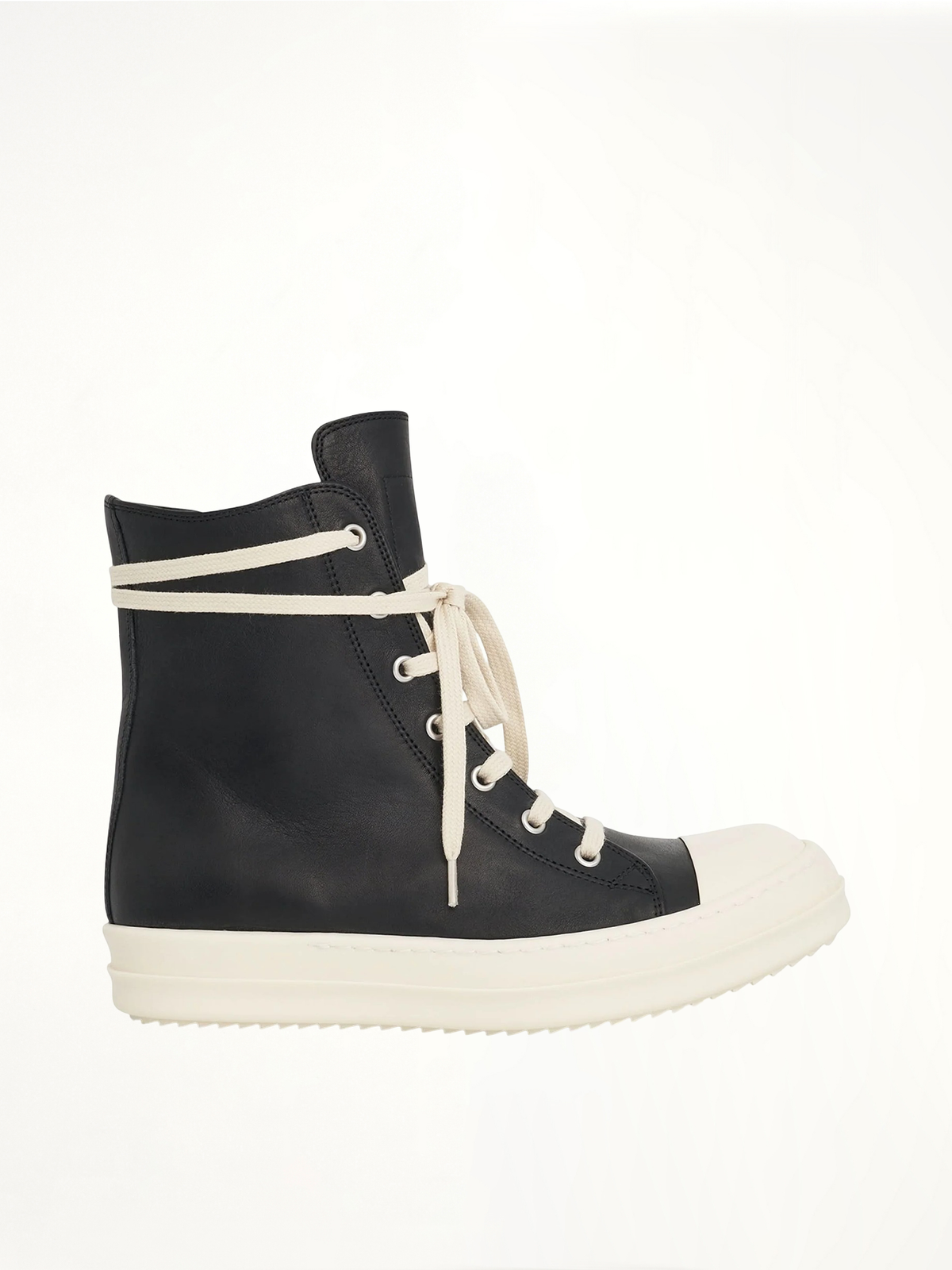 Washed Calf High Sneaker in Black/Milk Side View | RICK OWENS