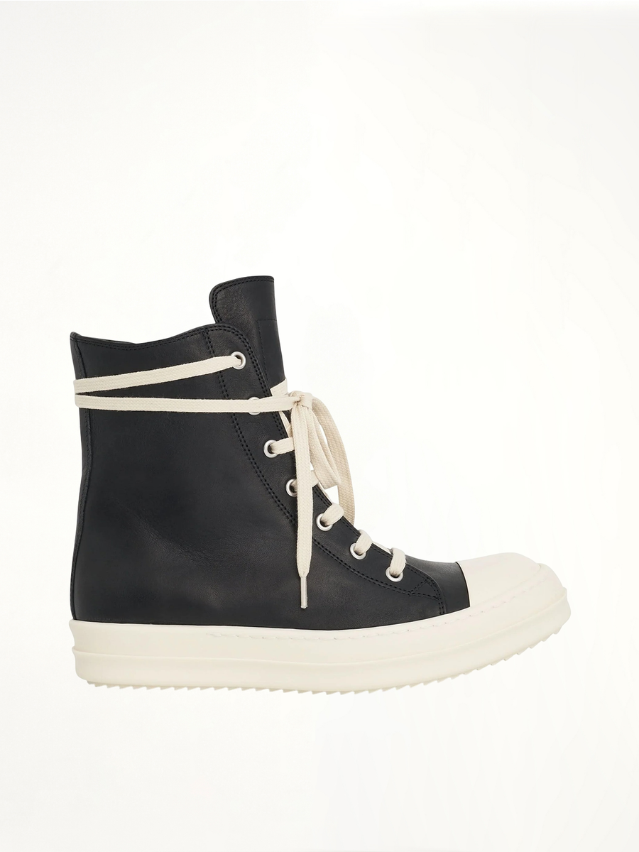 Washed Calf High Sneaker in Black/Milk Side View | RICK OWENS