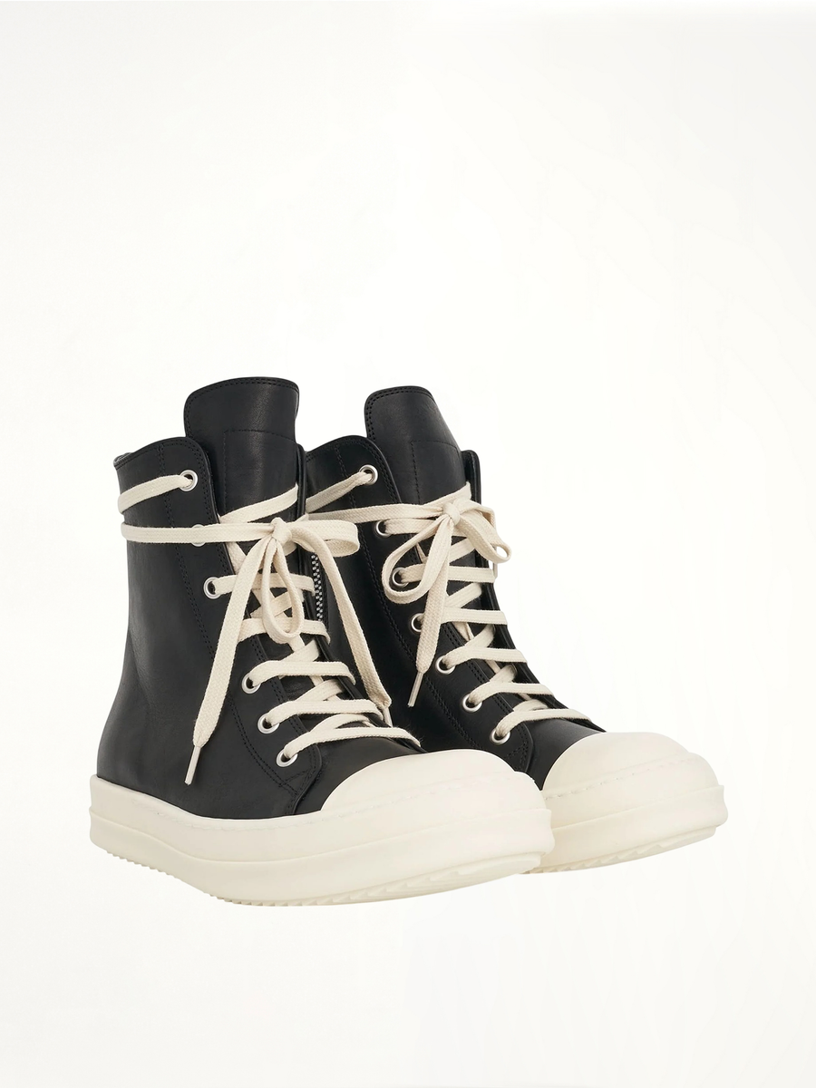Washed Calf High Sneaker in Black/Milk Front View | RICK OWENS
