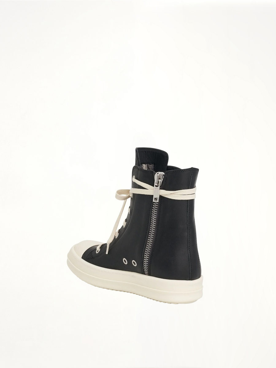 Washed Calf High Sneaker in Black/Milk Back View | RICK OWENS