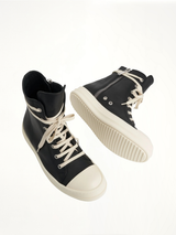 Washed Calf High Sneaker in Black/Milk Top View | RICK OWENS