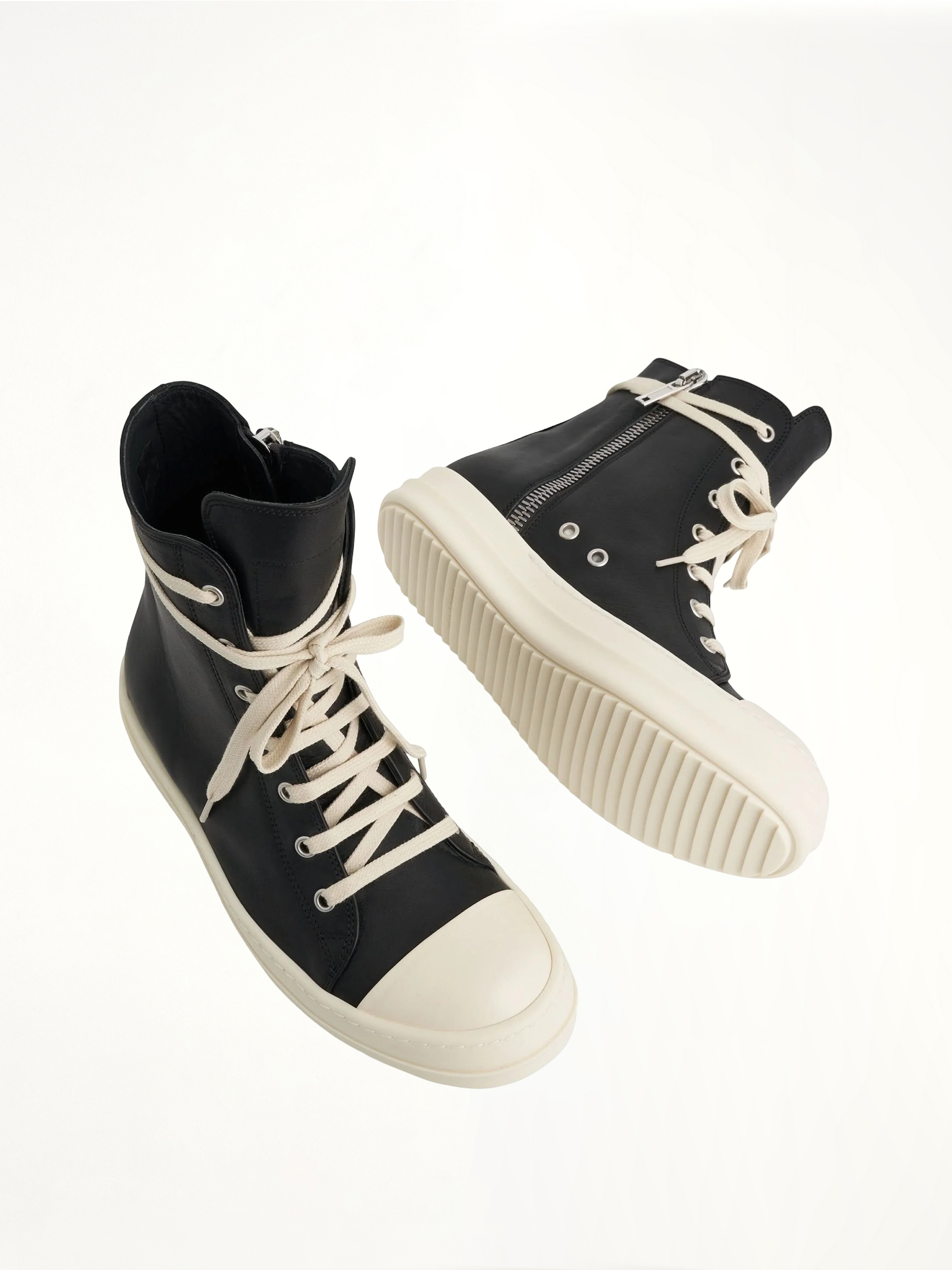 Washed Calf High Sneaker in Black/Milk Top View | RICK OWENS