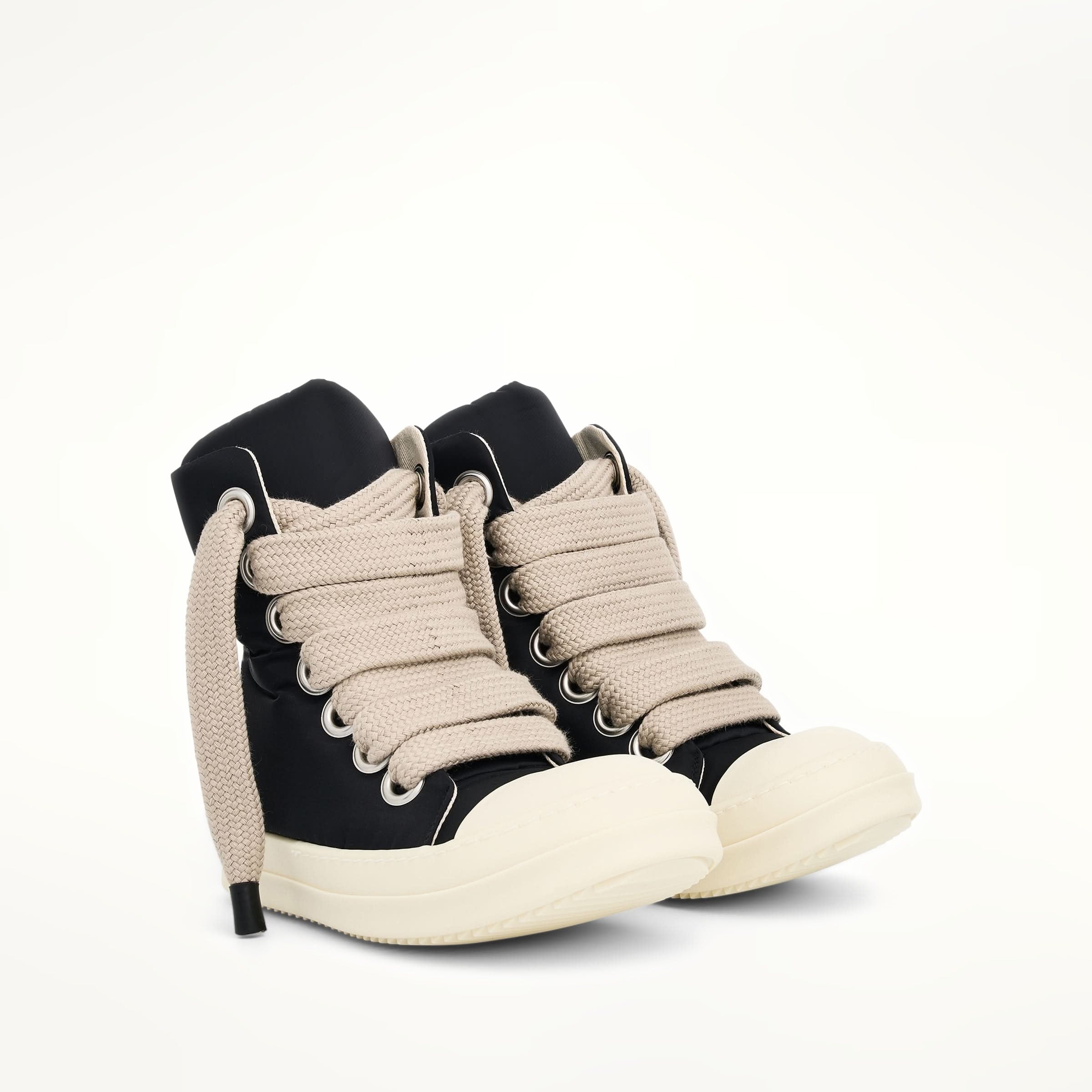 Jumbo Lace Puffer High Sneaker in Black/Pearl/Milk Front View | RICK OWENS DRKSHDW
